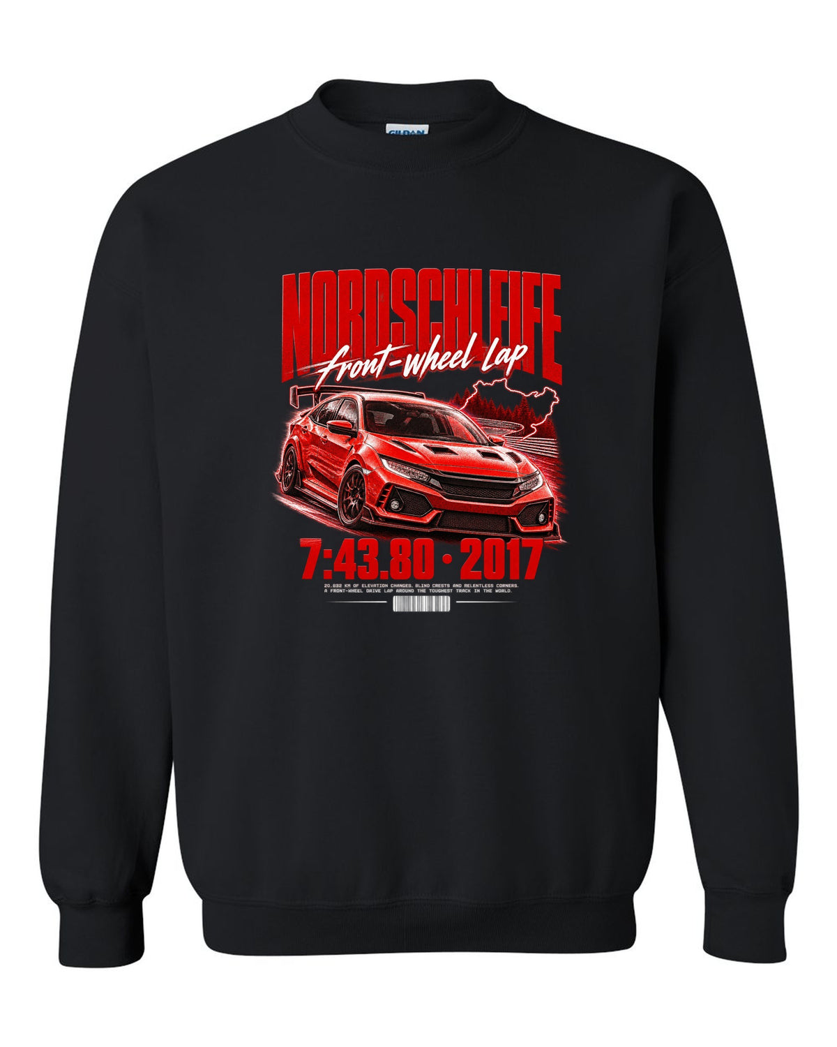 Honda Civic FK8 chback street poster with Nordschleife front-wheel lap time 7:43.80 black crewneck front view with the design