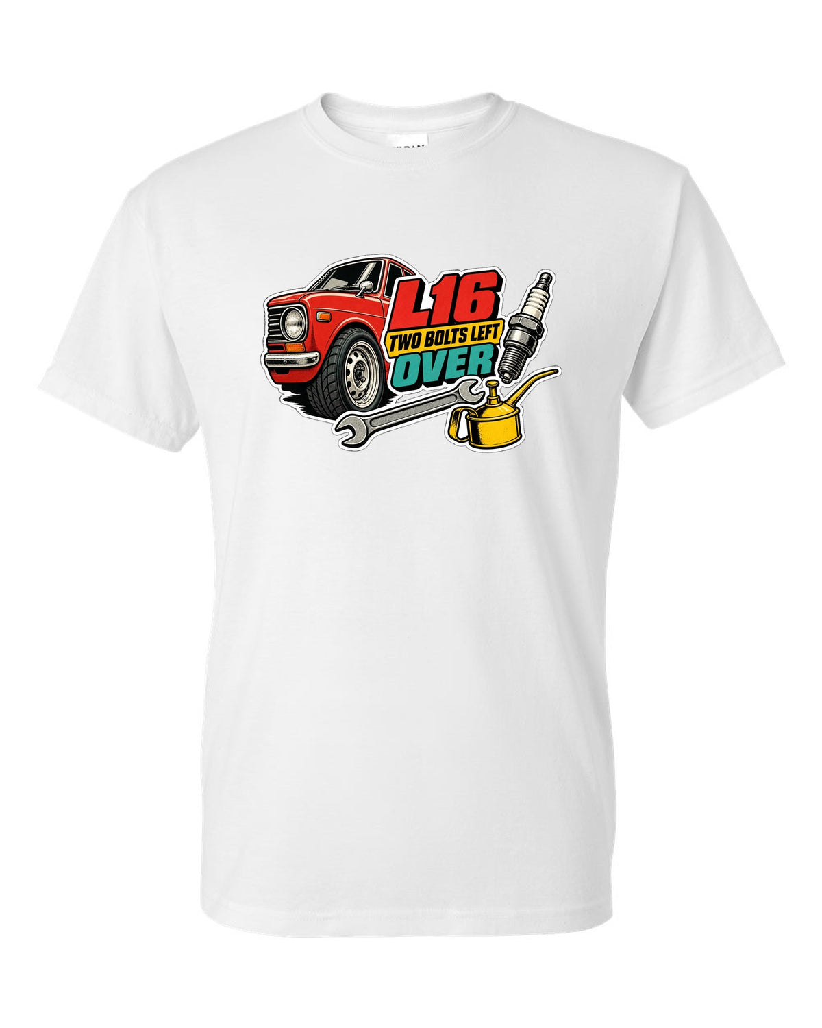 Datsun 510 wheel and fender sticker-bomb collage with L16 text on the front of a shirt white t-shirt front view with the design