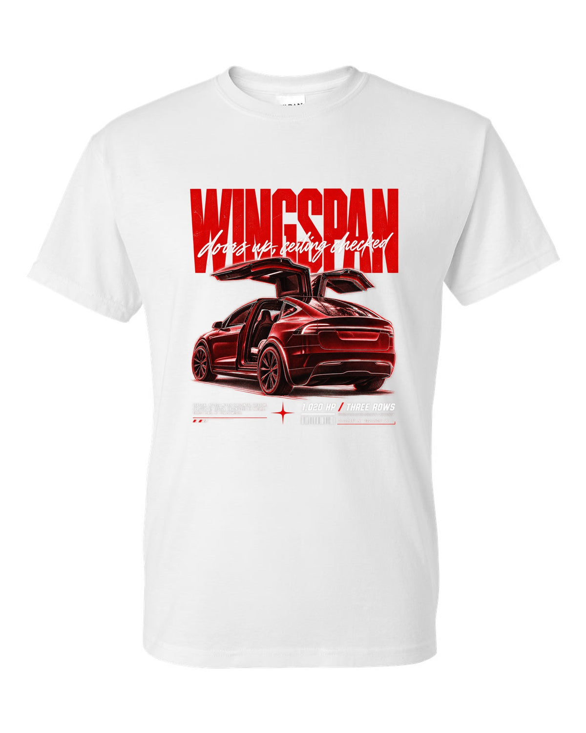 Tesla Model X Plaid 2021 with falcon doors raised in a street poster titled Wingspan white t-shirt front view with the design