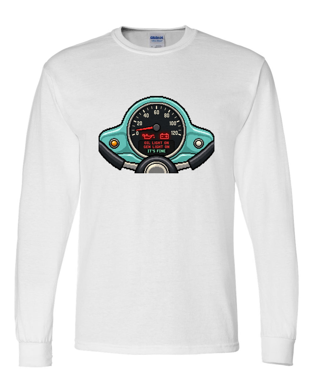 Pixel LED segmented display print of a VW Beetle Type 1 dashboard with warning light lettering white long sleeve front view with the design