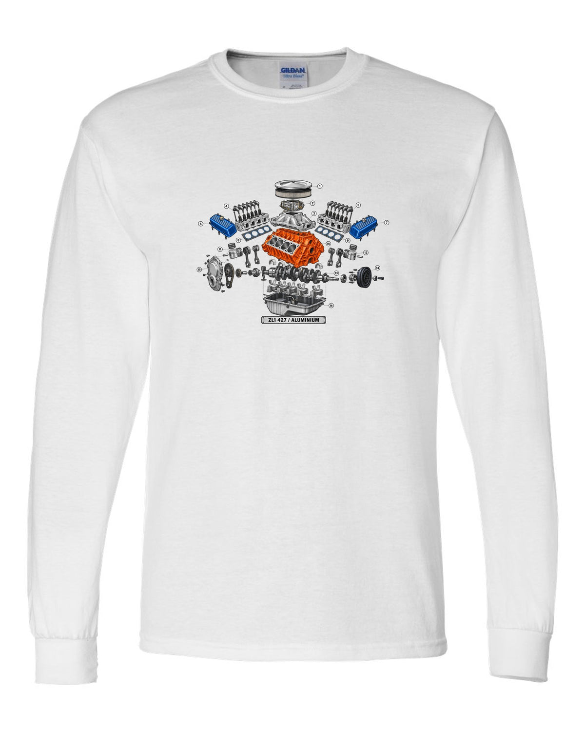 Isometric exploded diagram with numbered callouts of the 1969 Chevrolet Camaro ZL1 427 aluminum engine white long sleeve front view with the design