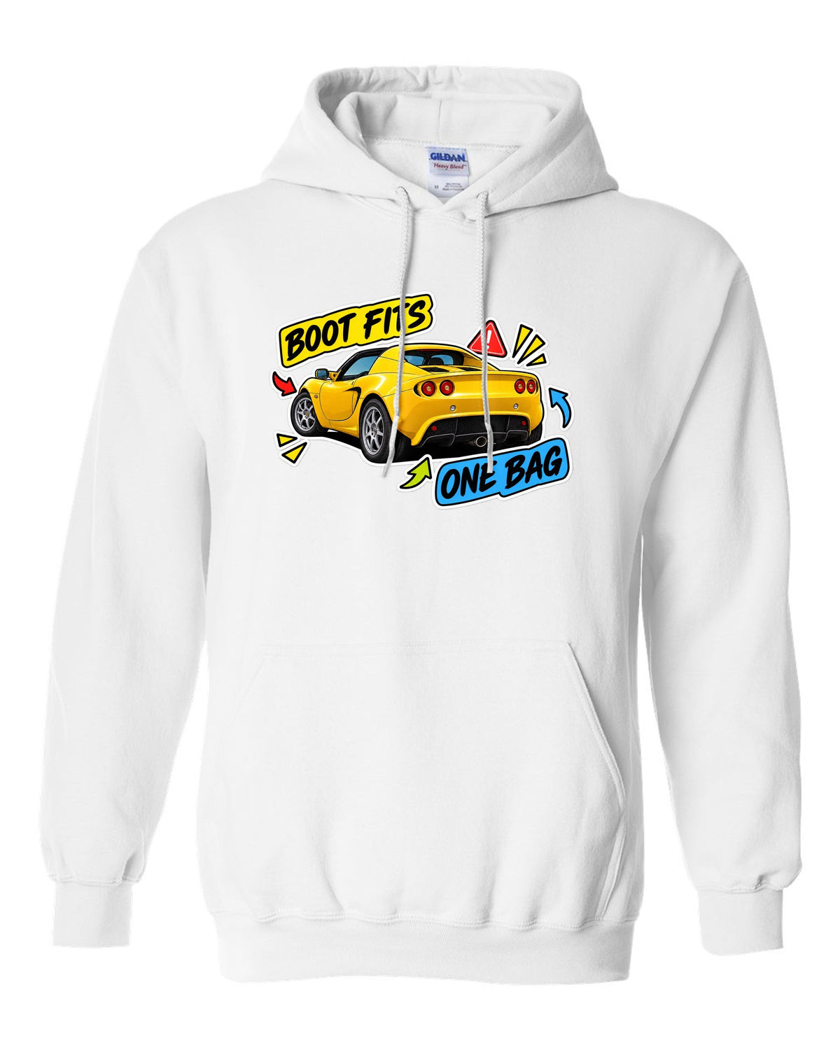 Lotus Elise S2 sticker bomb collage with BOOT FITS ONE BAG lettering white pull over hoodie front view with the design