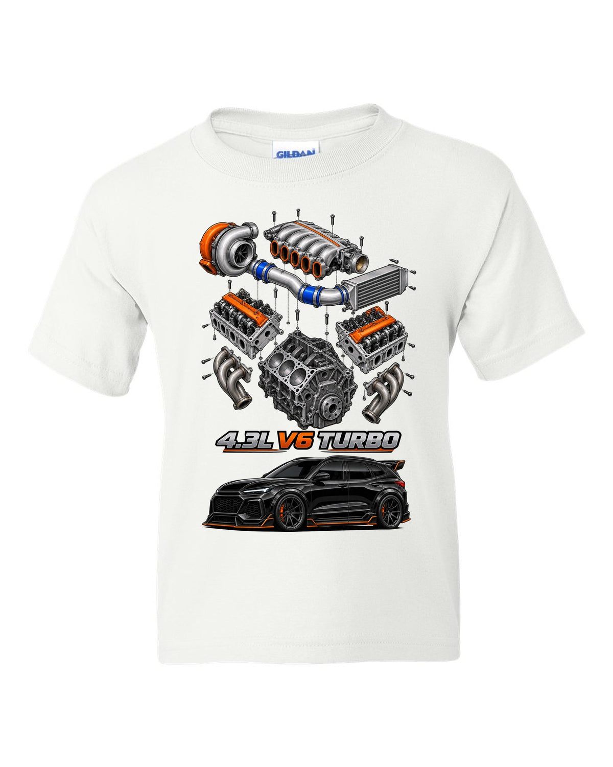 Exploded cutaway drawing of the 4.3L turbo V6 engine in a 1992-93 GMC Typhoon, printed on a shirt back white kids tee front view with the design