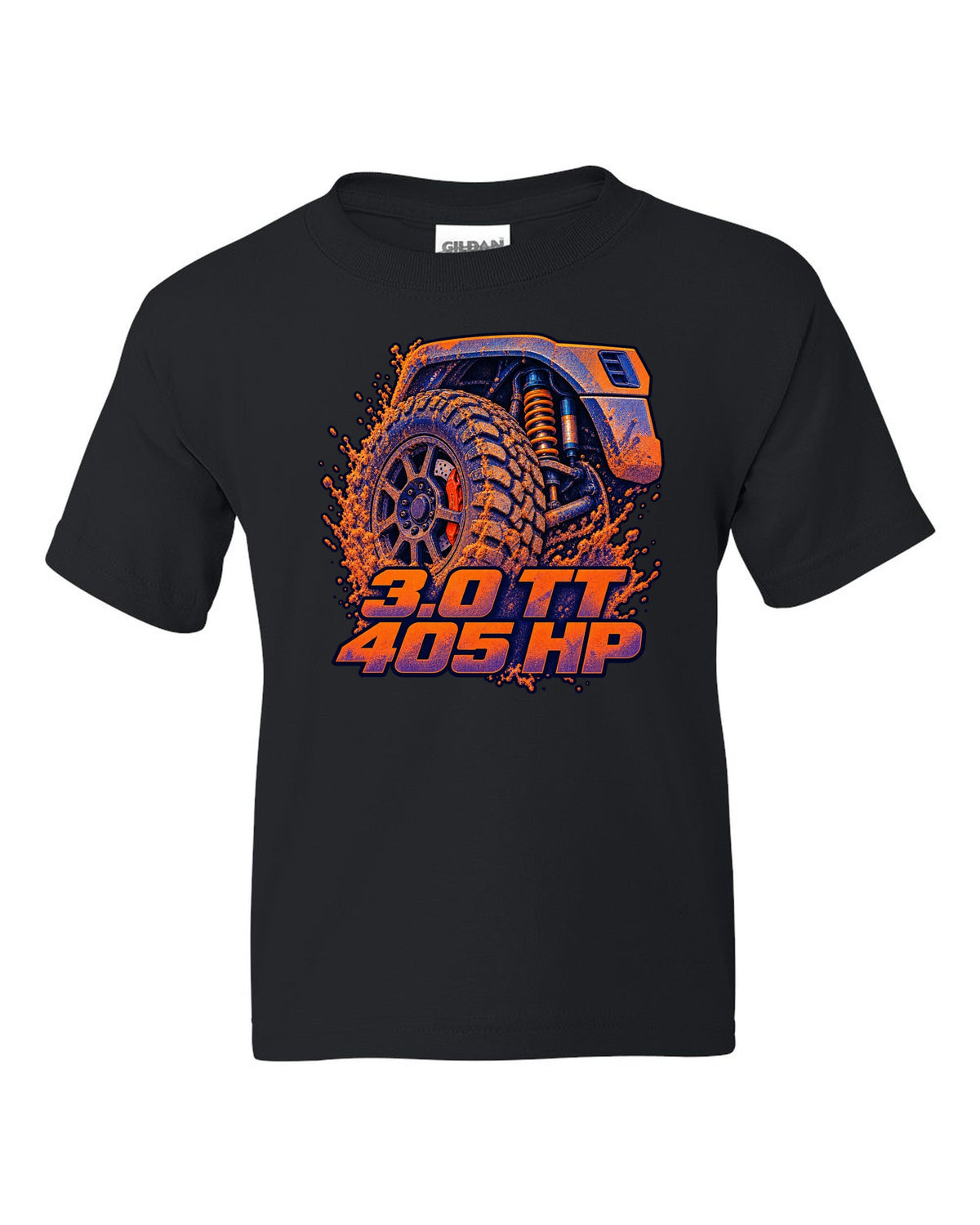 Ford Ranger Raptor P703 wheel and brake in a risograph style print black kids tee front view with the design