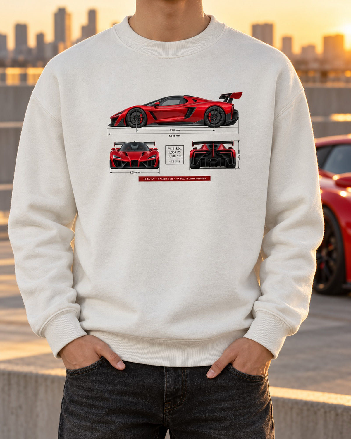 Bugatti Divo 2019 Three-View Spec Table Tee, 40 Built Crewneck White worn hero
