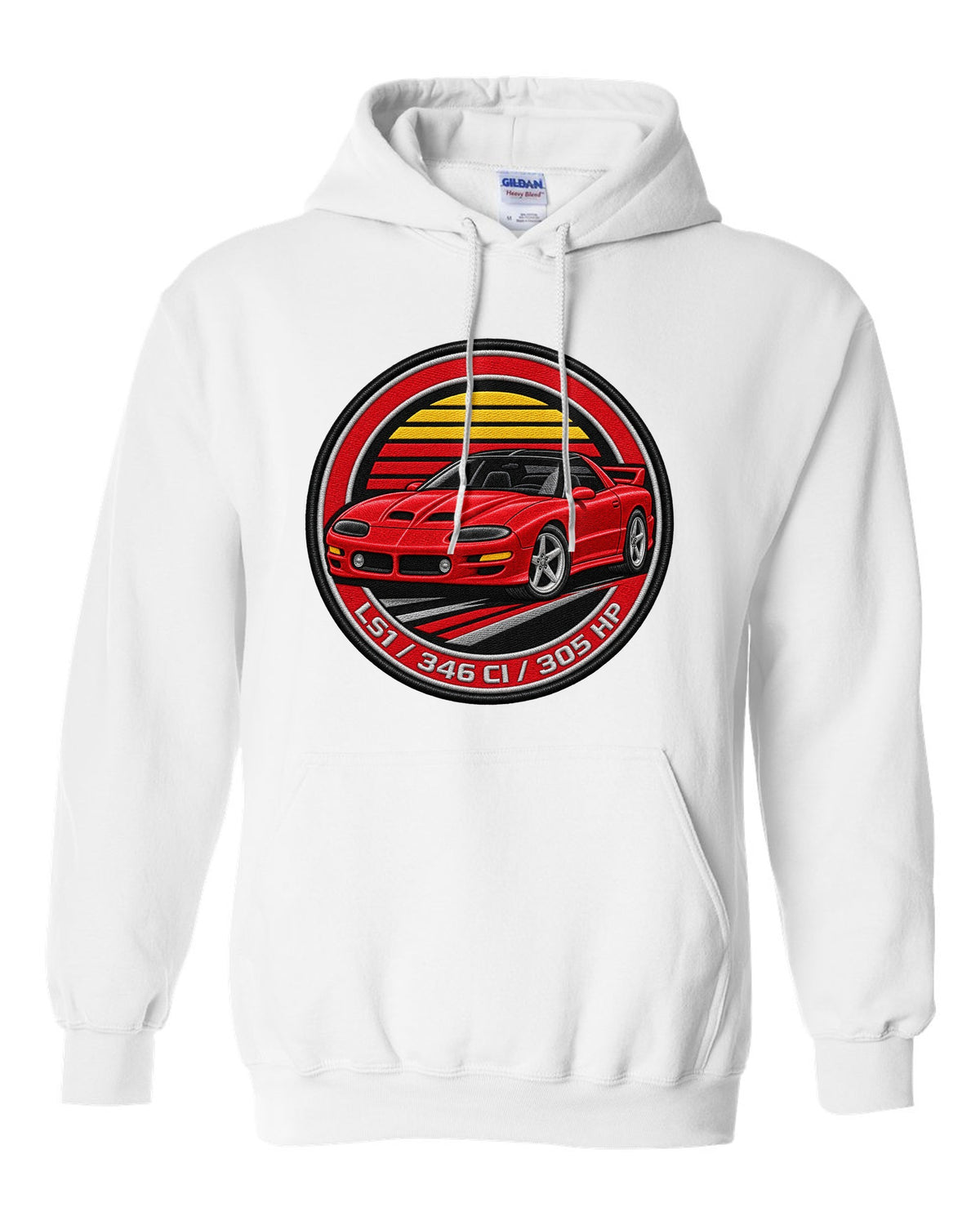 1998 Camaro SS fourth-generation in an embroidery round crest with text LS1 346 CI 305 HP white pull over hoodie front view with the design