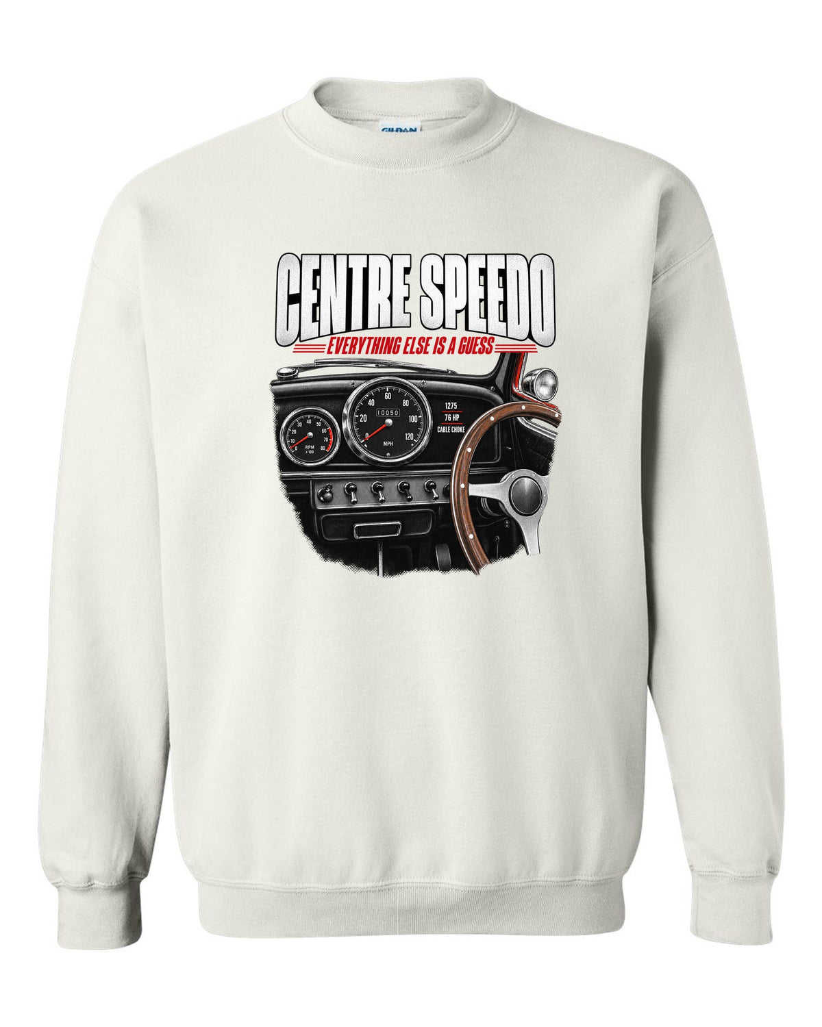 print of the 1967 Classic Mini Cooper S interior with centre speedometer and 1275 spec lettering white crewneck front view with the design
