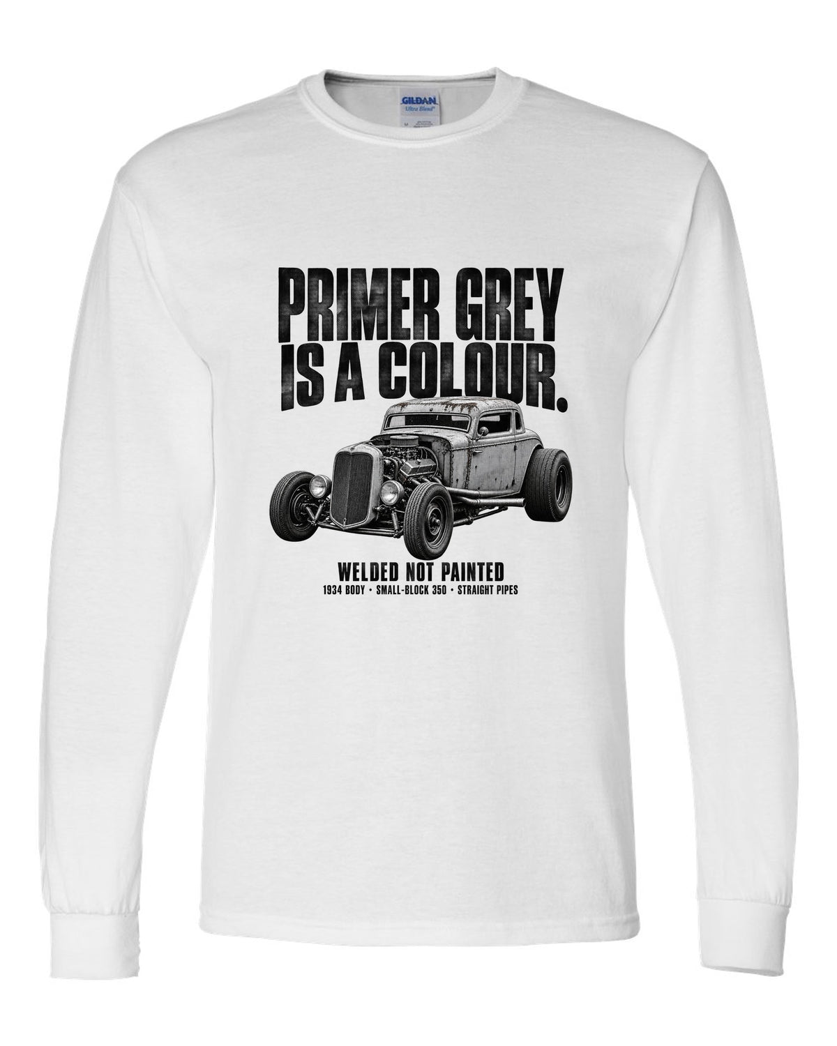Halftone print of a primer grey 1934-style rat rod coupe white long sleeve front view with the design