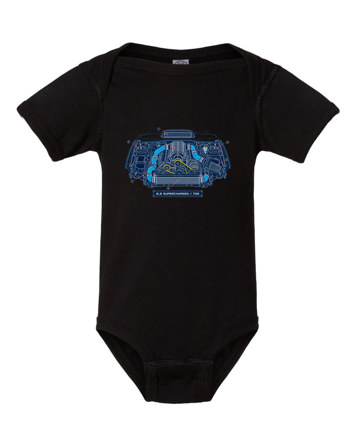 Blueprint-style print of the Ram 1500 TRX engine bay with 6.2 supercharged and 702 callouts black baby onesie front view with the design