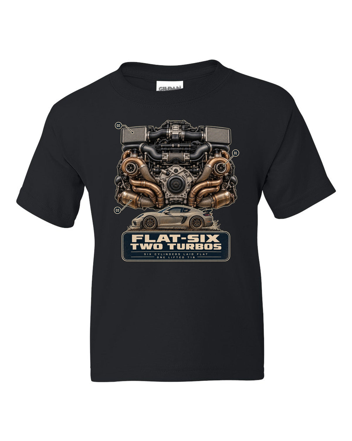 Engine hero print of a Porsche 911 Dakar 992 flat-six with two turbos black kids tee front view with the design