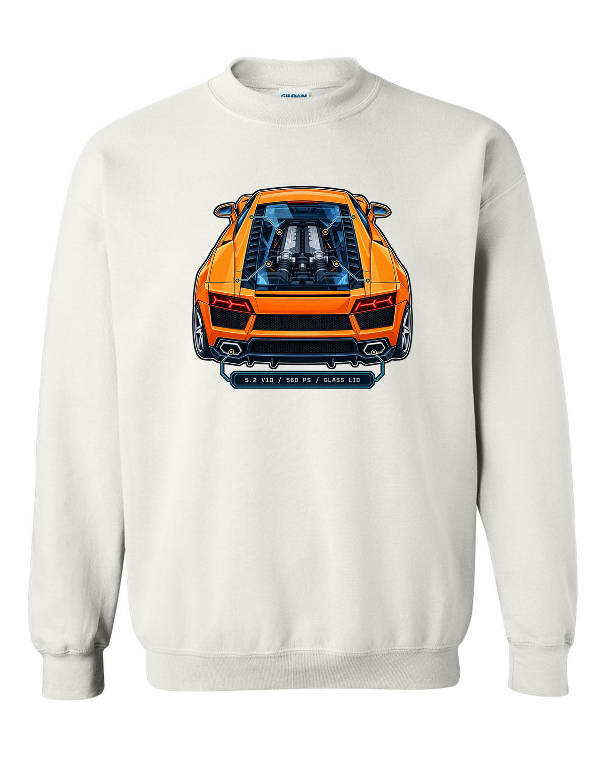 Patent-style technical drawing of a Lamborghini Gallardo LP560-4 with V10 under glass white crewneck front view with the design