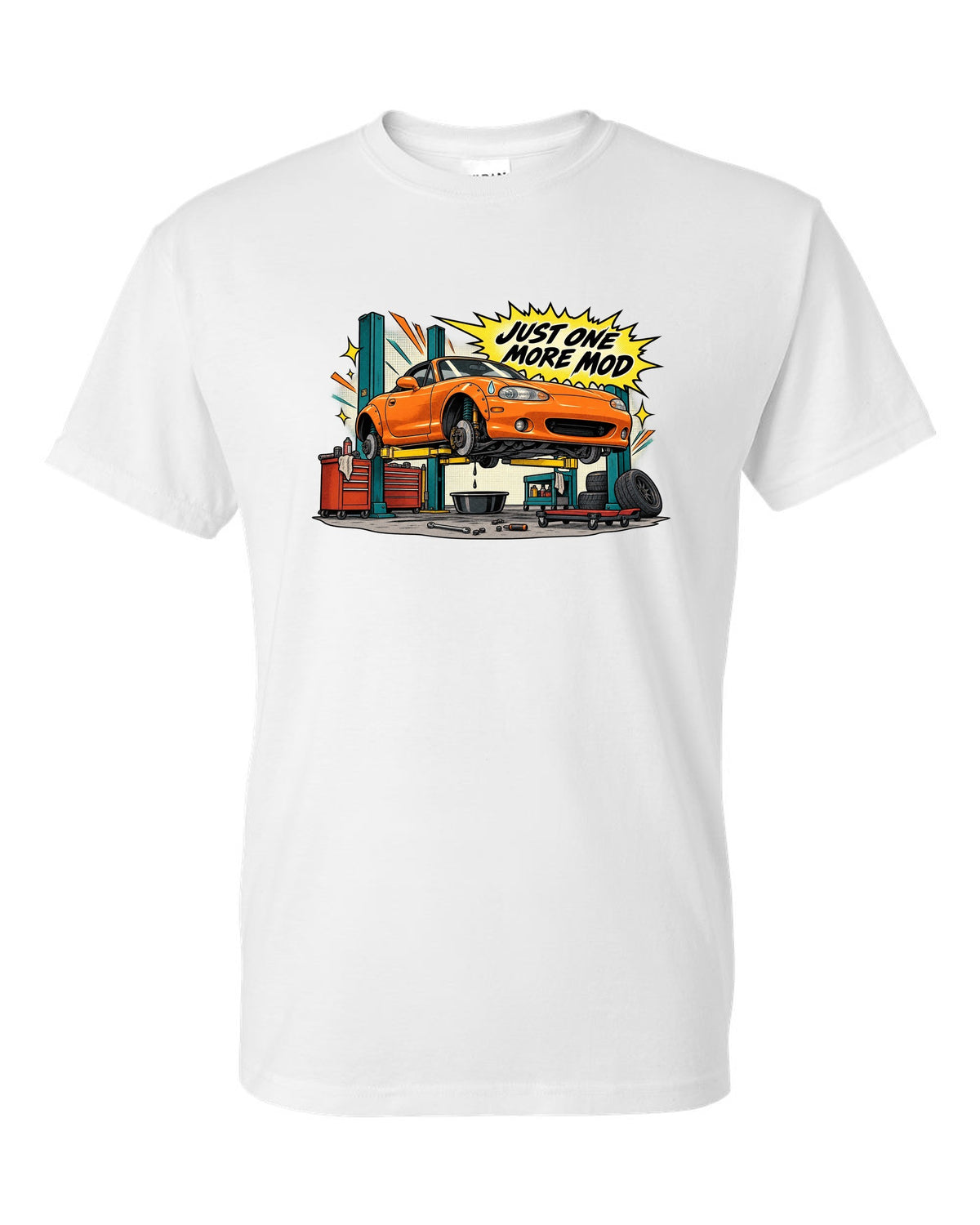 Retro manga halftone panel print of a Mazda MX-5 NB in a workshop with the text Just One More Mod white t-shirt front view with the design
