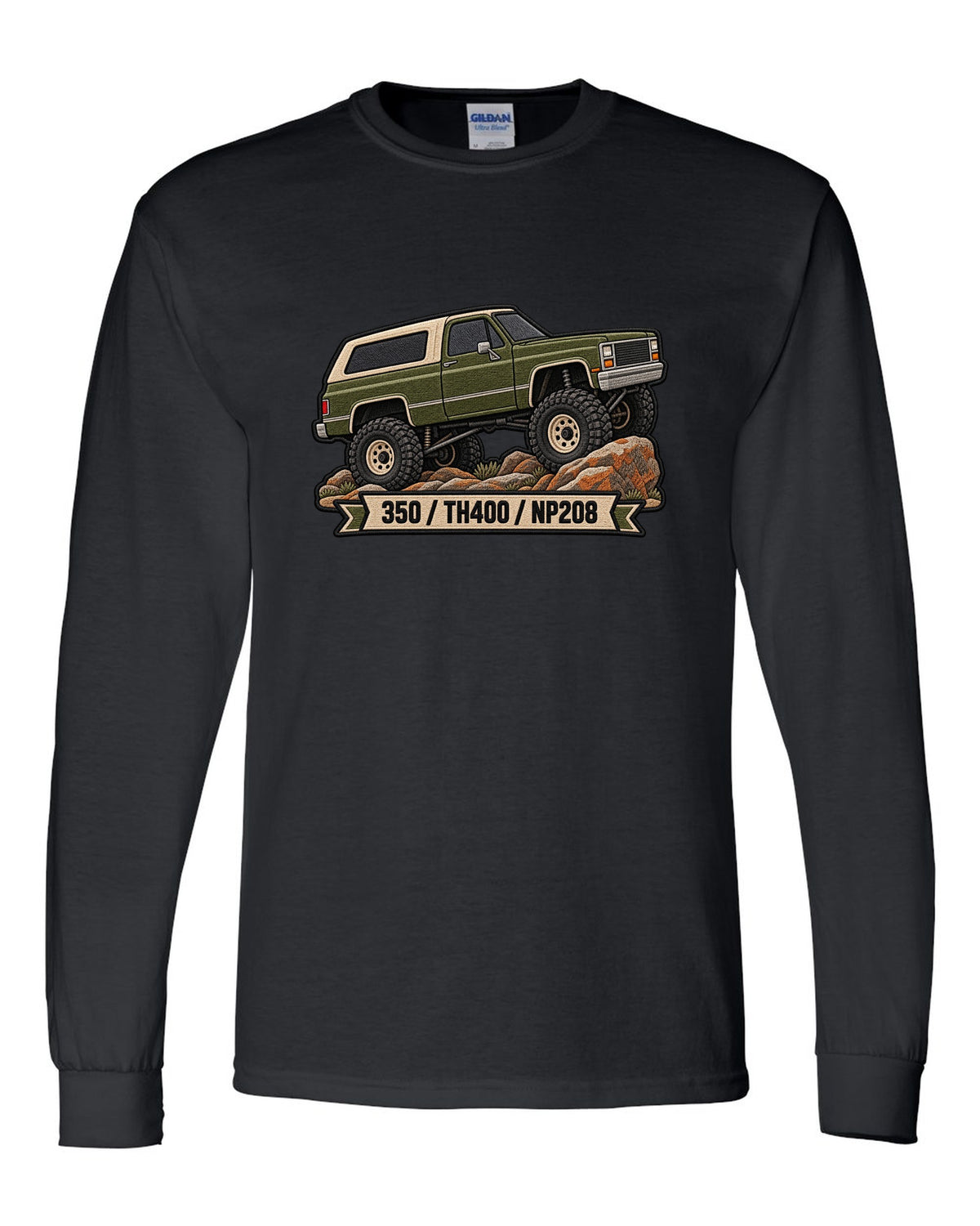 Embroidered patch style design of a 1973-91 Chevrolet K5 Blazer with 350, TH400, NP208 text black long sleeve front view with the design