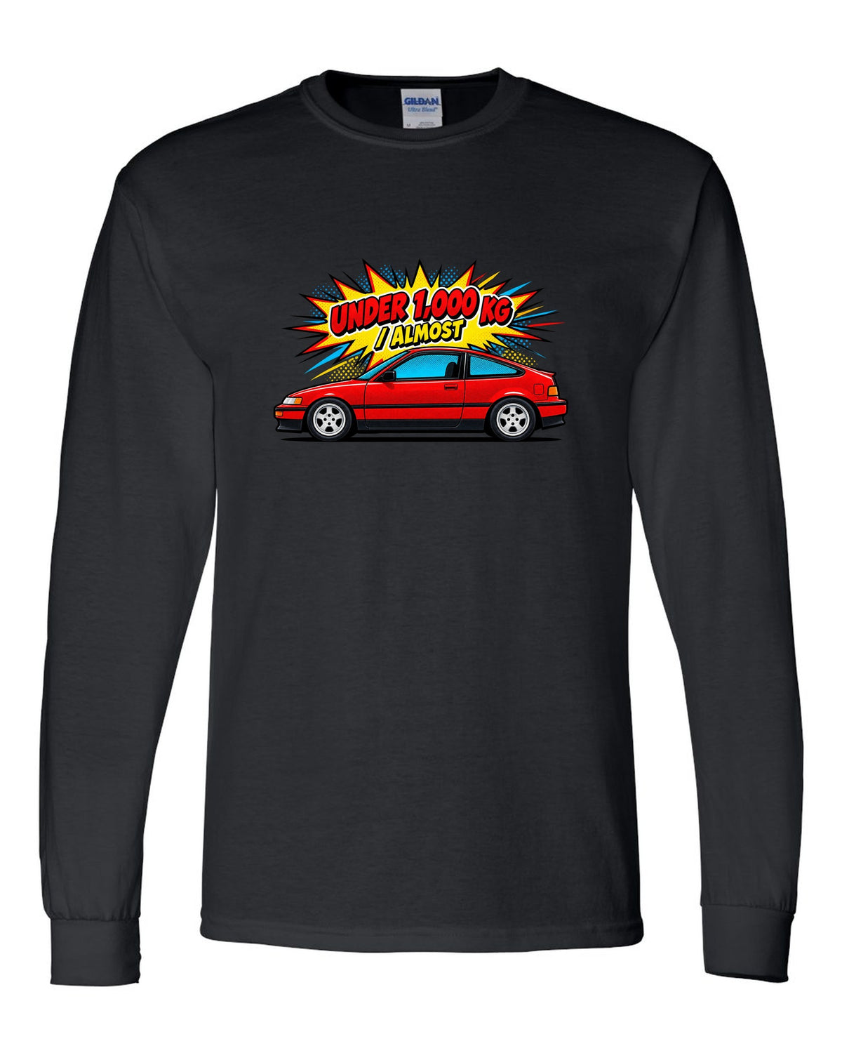 Pop-art Ben-Day halftone print of a Honda CRX EF8 Si with under 1,000 kg almost text black long sleeve front view with the design
