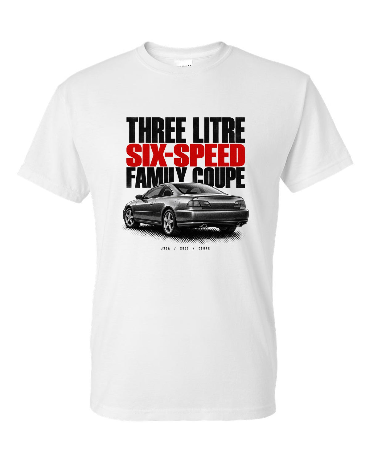 Halftone print for the 2005 Honda Accord V6 coupe reading three litre, six-speed, family coupe white t-shirt front view with the design