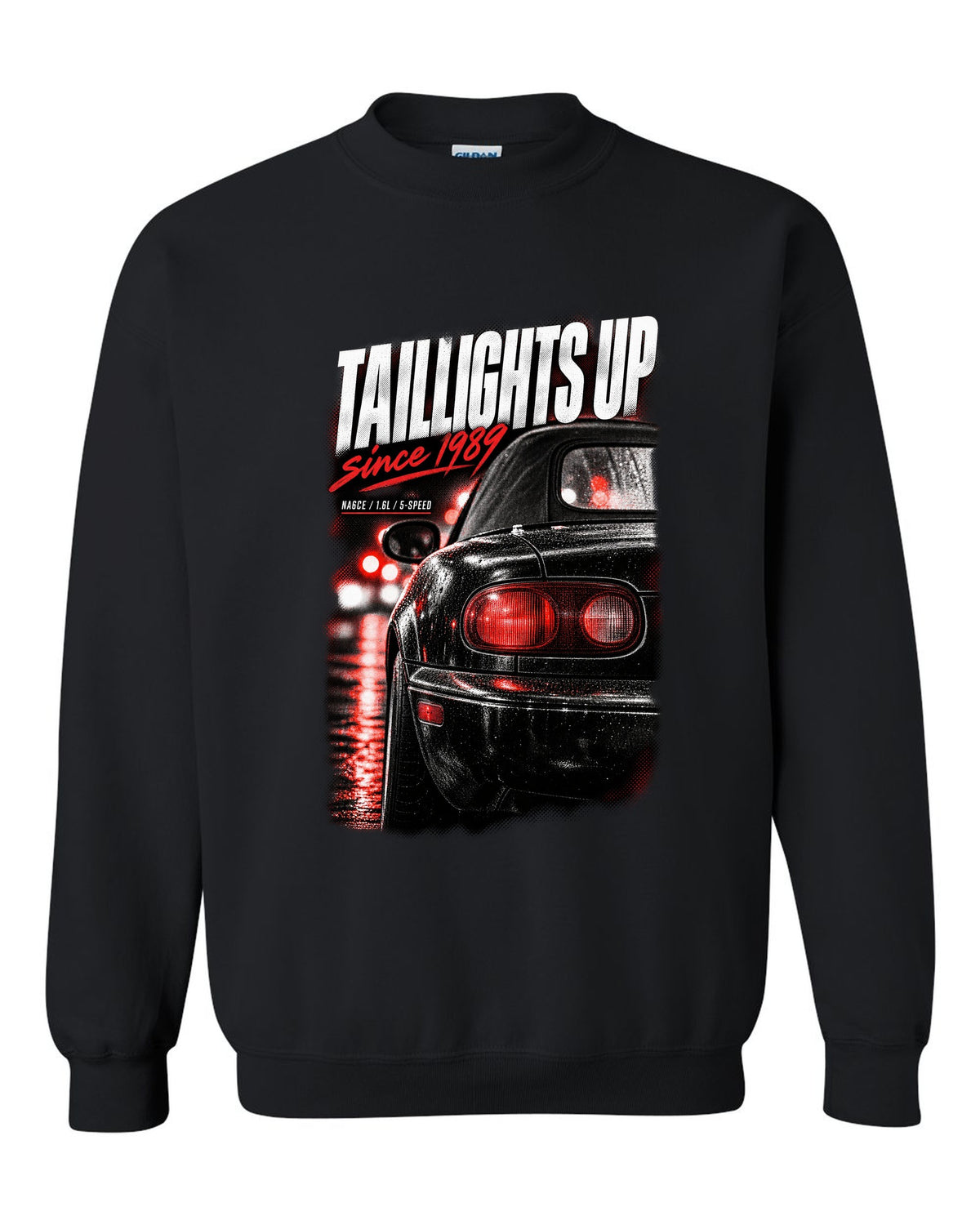 Taillight macro print for the Mazda MX-5 NA 1989-97 with NA6CE, 1.6L and 5-speed lettering black crewneck front view with the design