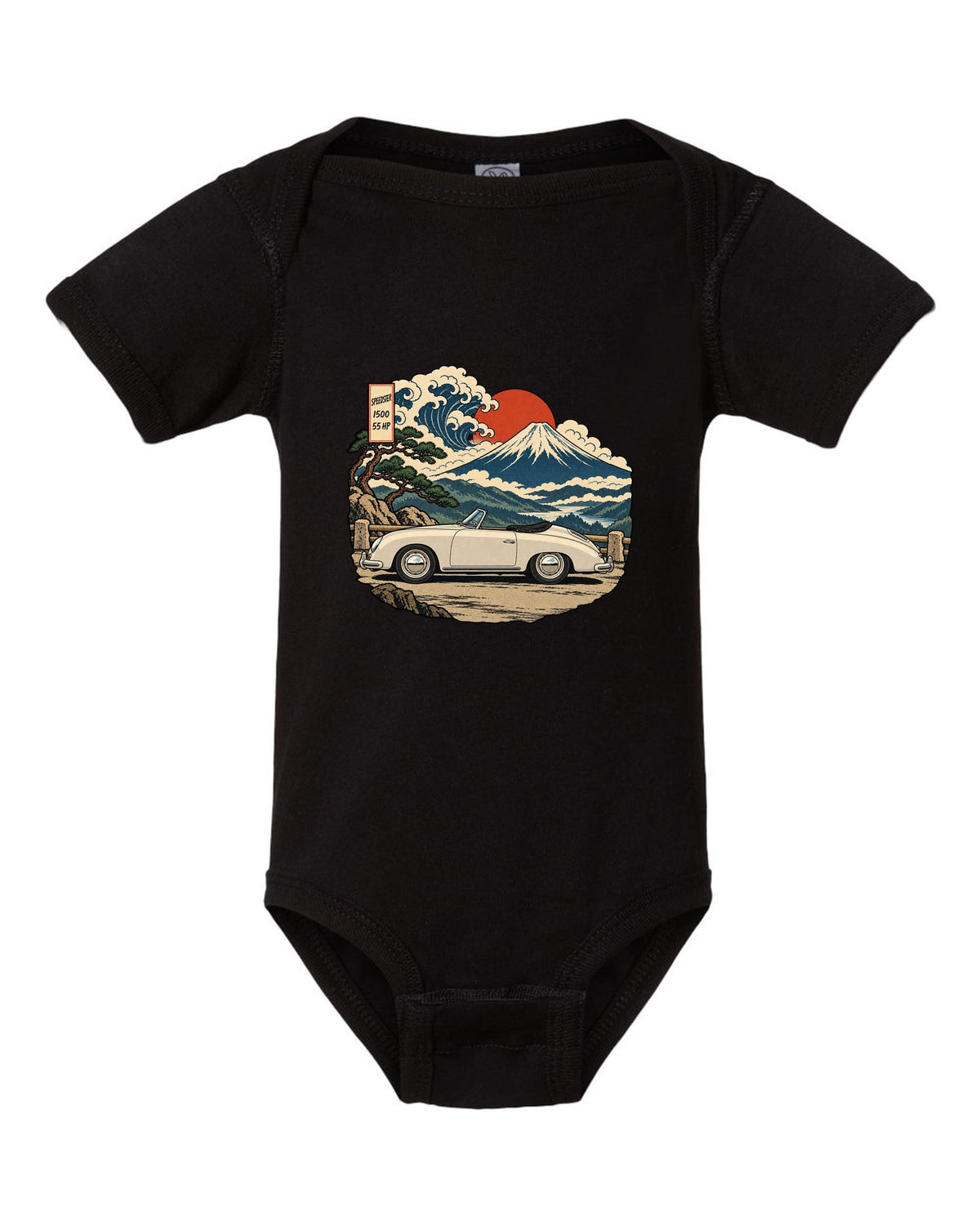 Ukiyo-e woodblock style Porsche 356 Pre-A Speedster on a mountain pass black baby onesie front view with the design