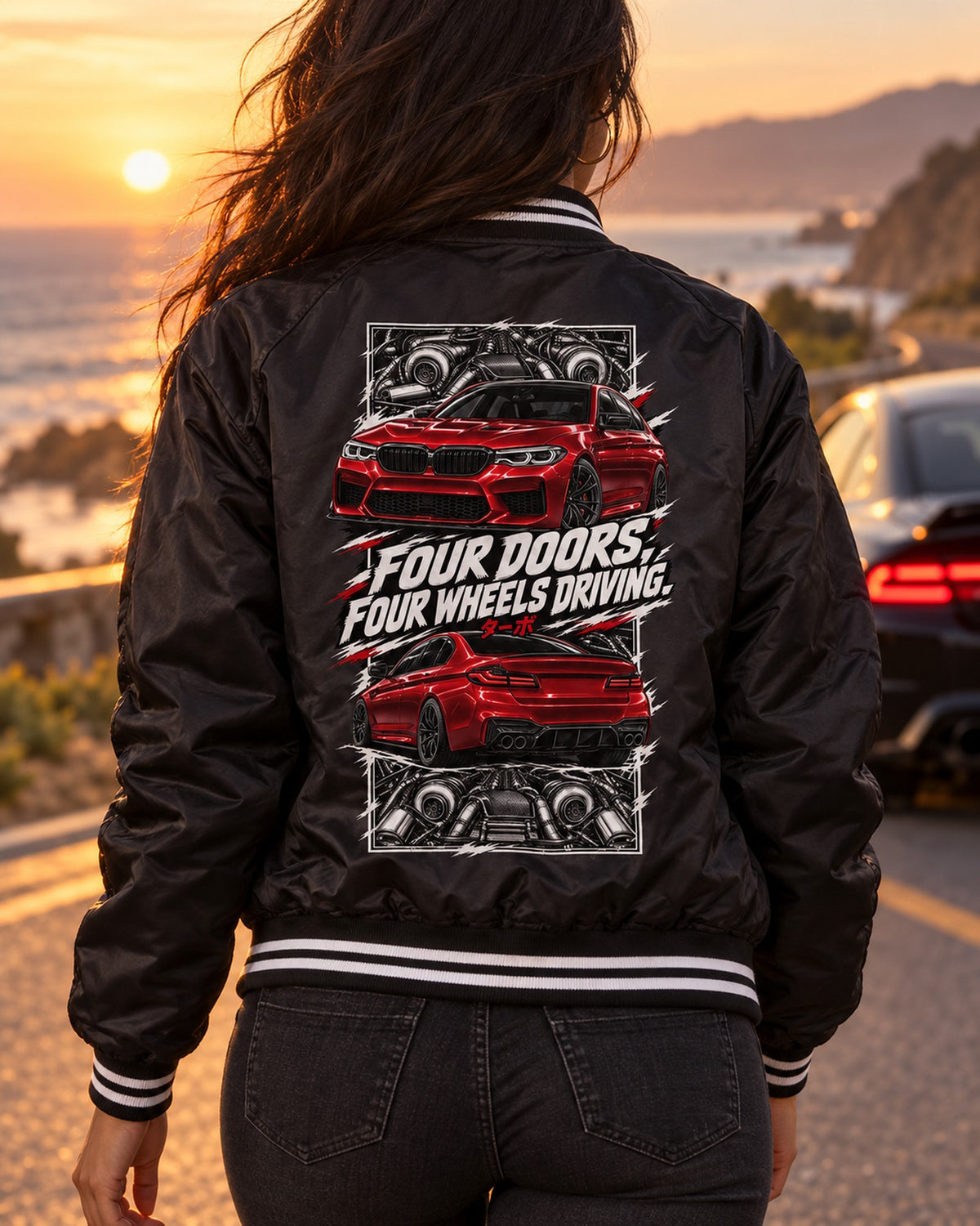 BMW F90 M5 Torn Poster Full-Back Graphic Tee Bomber Jacket Black worn hero