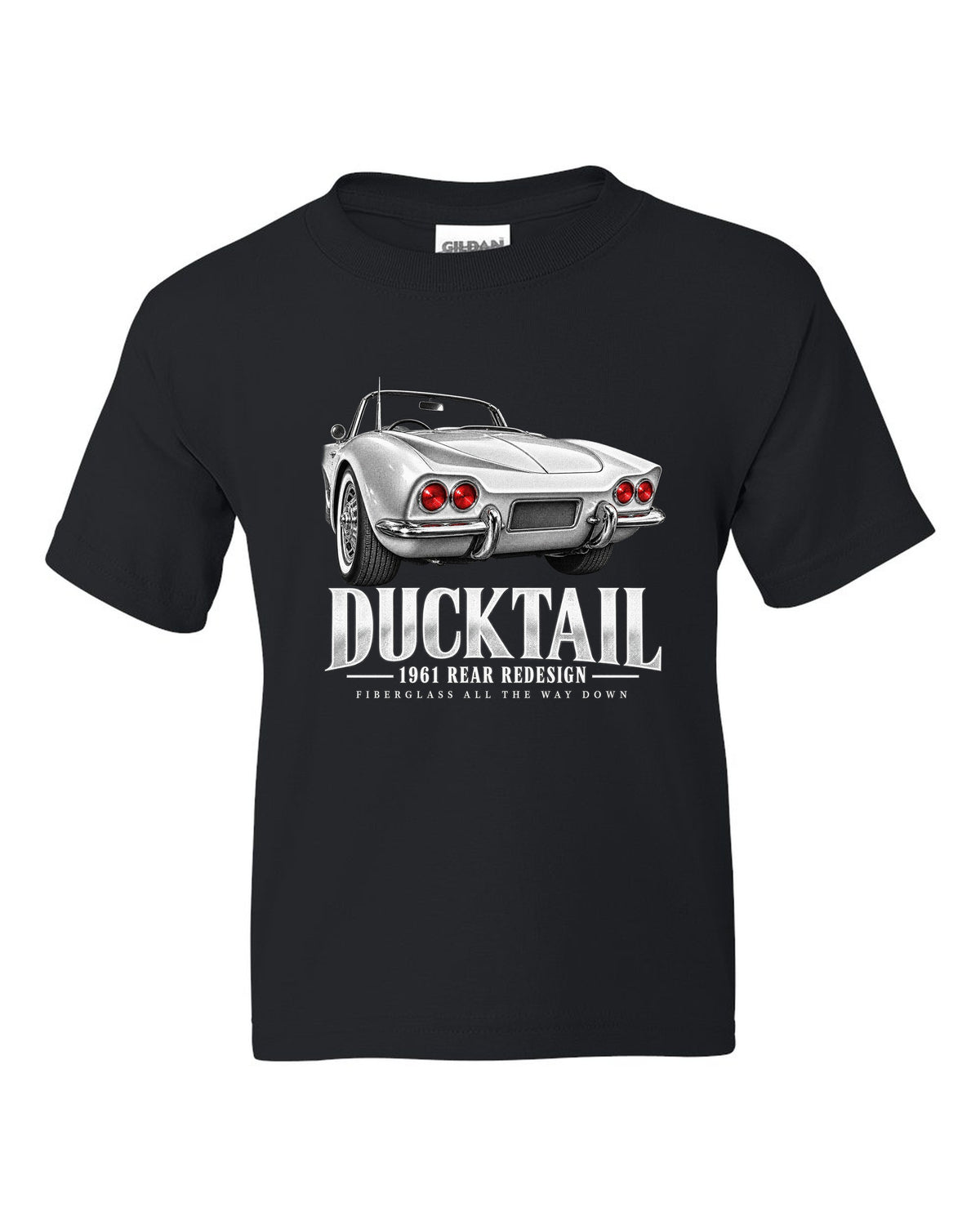 Chevrolet Corvette C1 1961 rear ducktail detail print black kids tee front view with the design