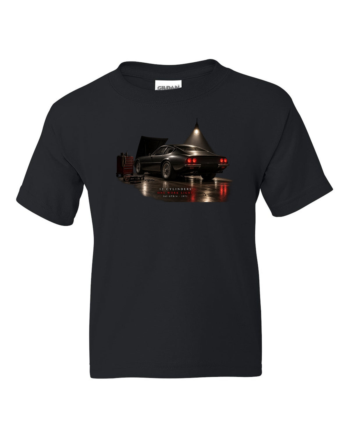 Ferrari 365 GTB/4 Daytona 1971 rear three-quarter garage night print, one work light black kids tee front view with the design