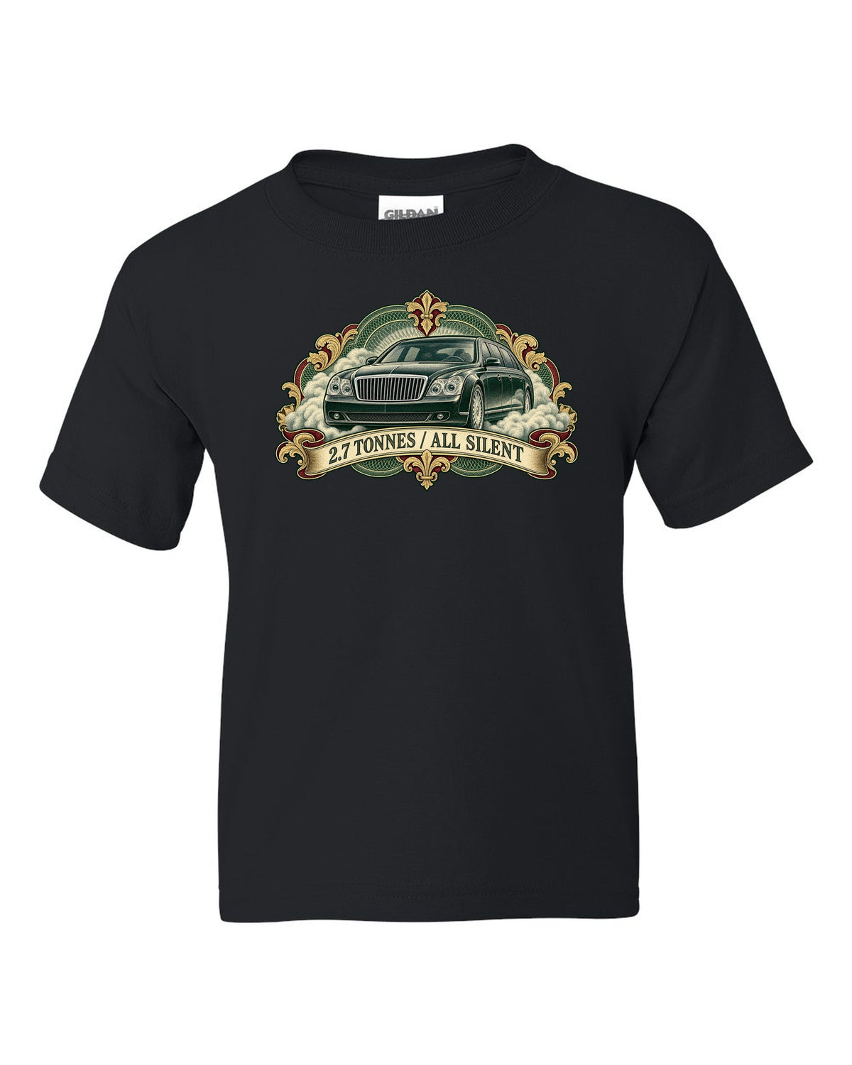 Engraved banknote style etching of a Maybach 57 W240 with 2.7 Tonnes All Silent text black kids tee front view with the design