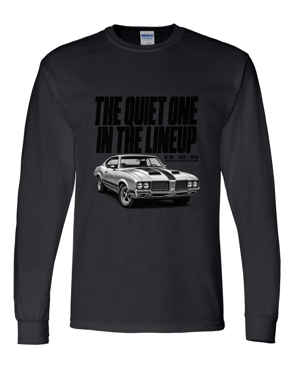 1970 Oldsmobile 442 W-30 halftone print with 455 and cold-air hood text black long sleeve front view with the design
