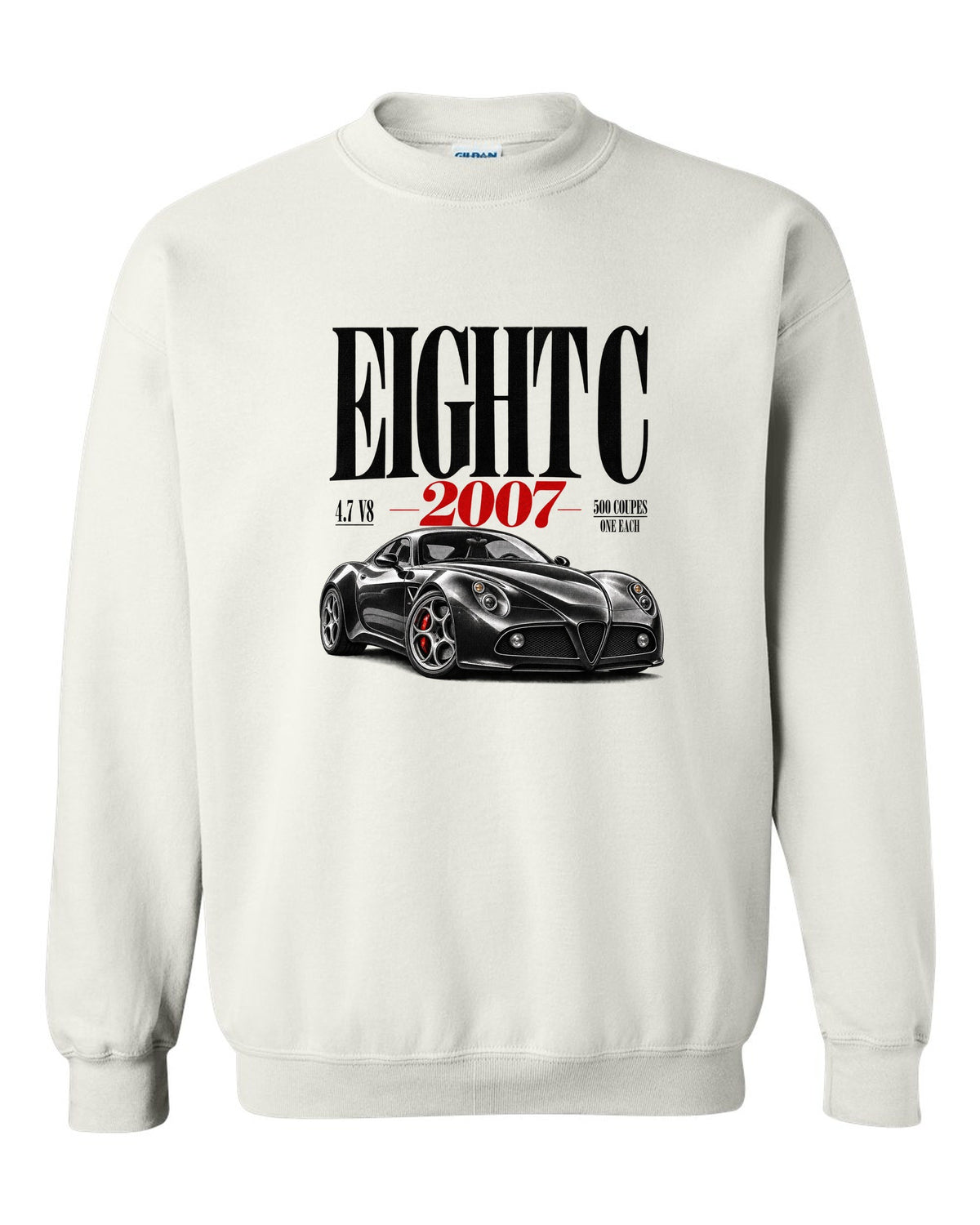 Editorial headline print for the Alfa Romeo 8C Competizione with 4.7 V8 text white crewneck front view with the design