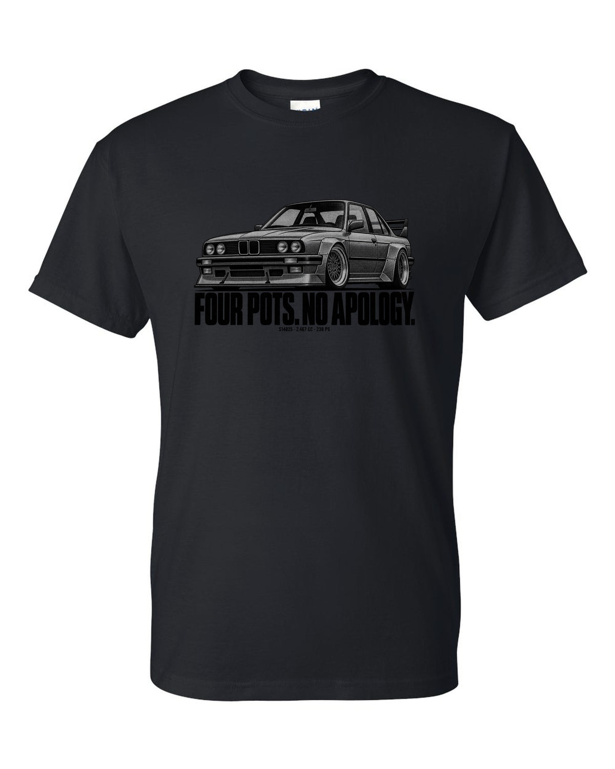 BMW E30 M3 Sport Evo halftone print with S14B25 2,467 cc and 238 PS text black t-shirt front view with the design