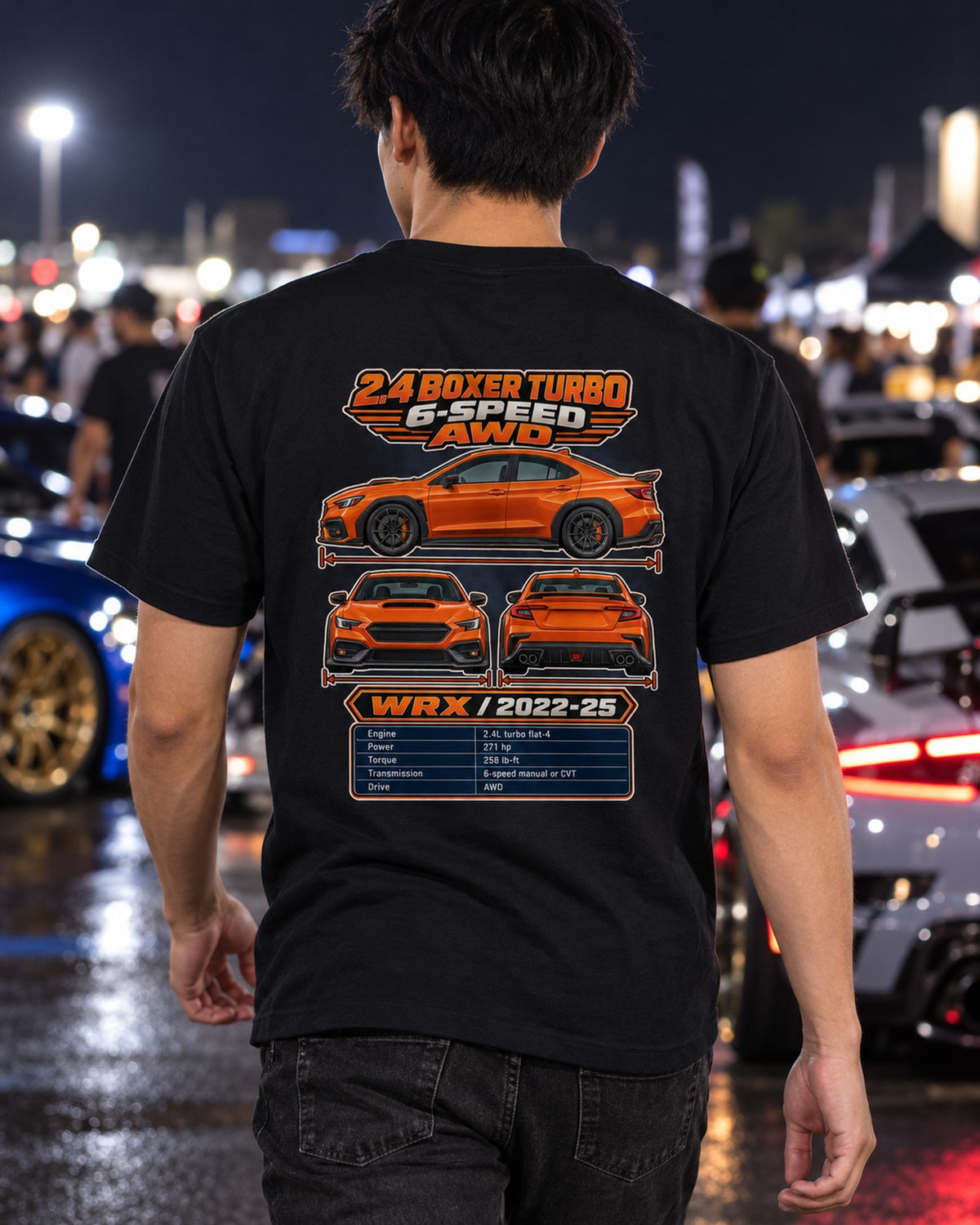 Subaru Wrx Vb Spec Sheet Full-Back Graphic Tee T-Shirt Black worn hero