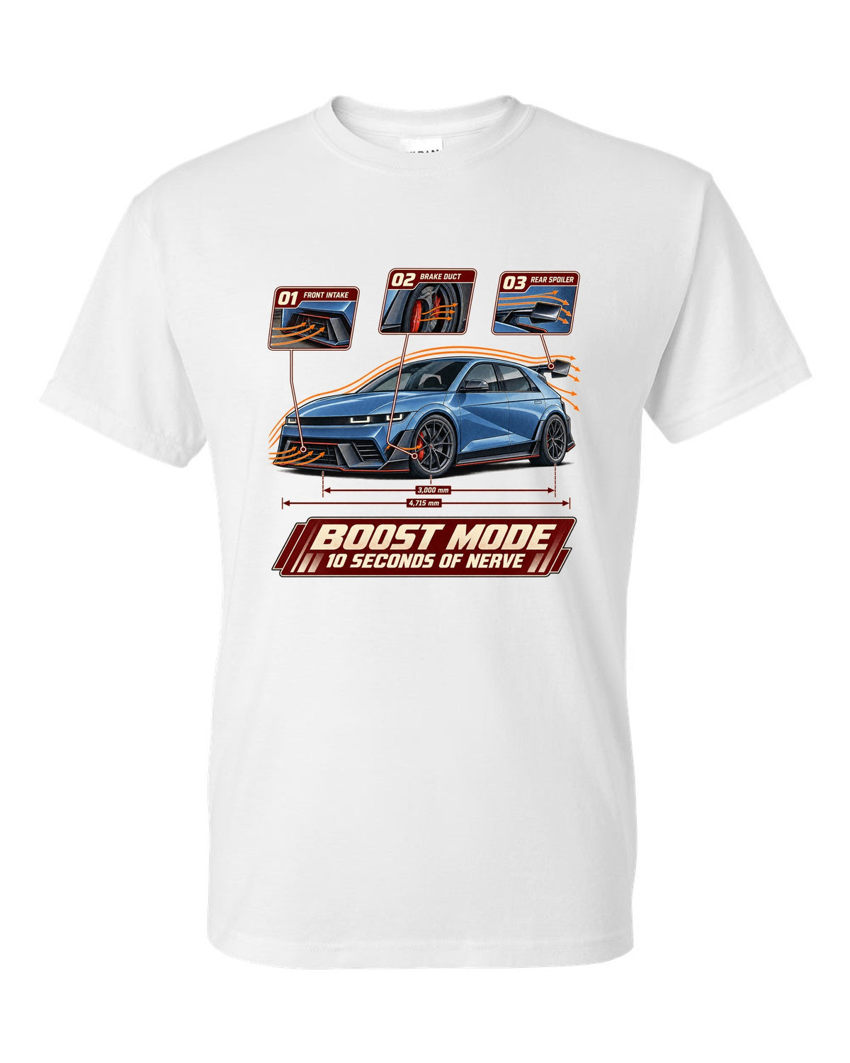 Hyundai Ioniq 5 N aero cutaway callouts print white t-shirt front view with the design