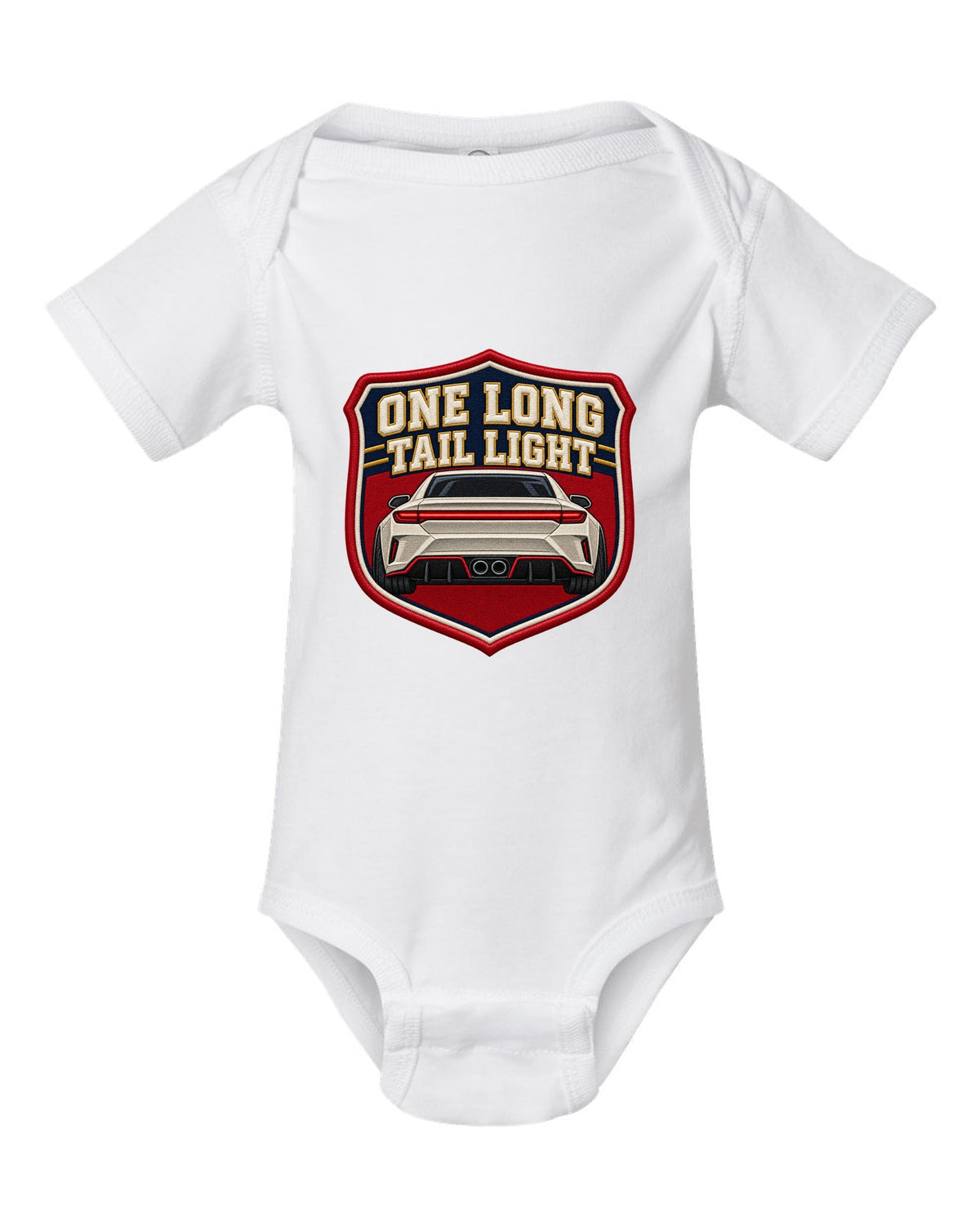 Embroidery varsity crest print of a Hyundai Elantra N CN7 rear with one long tail light text white baby onesie front view with the design