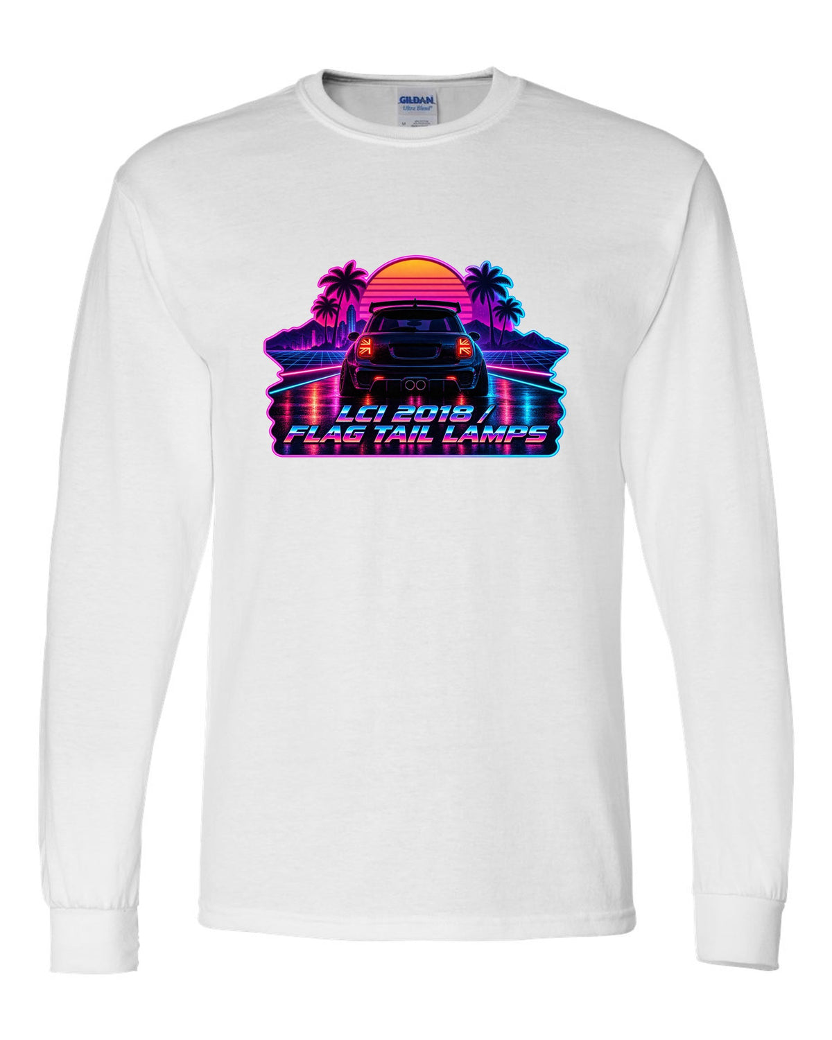 Synthwave outrun artwork of a Mini Cooper JCW F56 LCI with flag tail lamps white long sleeve front view with the design