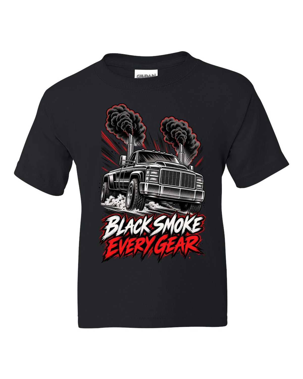 Retro manga halftone panel print of a 1994-1998 Dodge Ram 2500 12V Cummins with black smoke black kids tee front view with the design