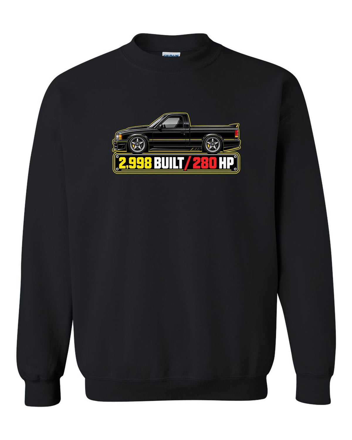 Spec-sheet data plate print of a 1991 GMC Syclone with 2,998 built and 280 HP lettering black crewneck front view with the design