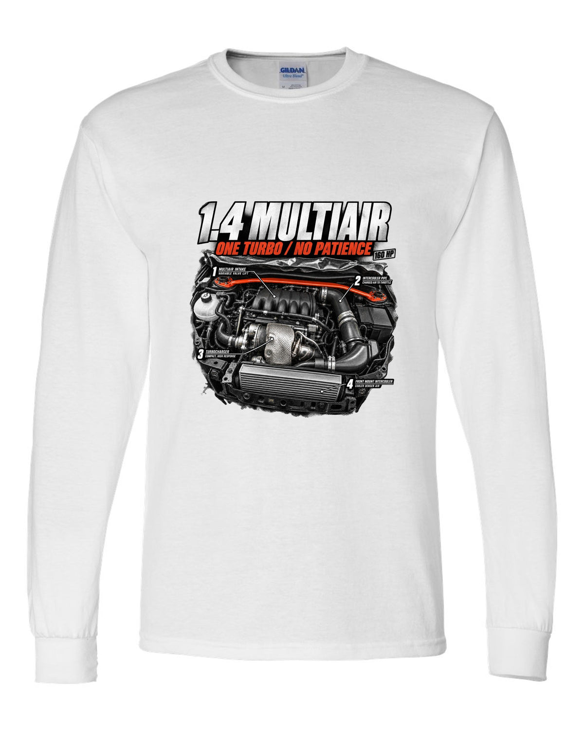 Engine hero print of the Fiat 500 Abarth 1.4 MultiAir turbo with 160 HP text white long sleeve front view with the design