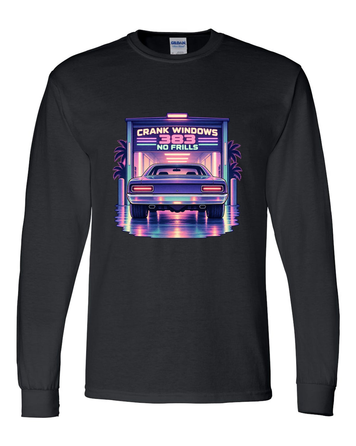 Vaporwave pastel night garage with a 1970 Plymouth Road Runner and 383 no frills lettering black long sleeve front view with the design