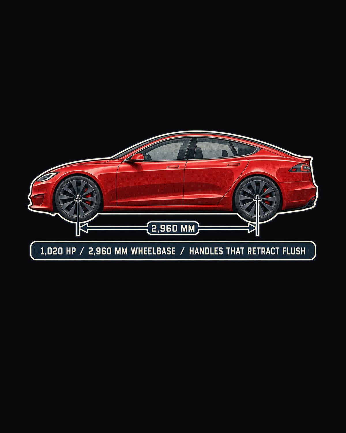 Tesla Model S Plaid Dimension Blueprint Shirt, 1,020 HP Sedan design only