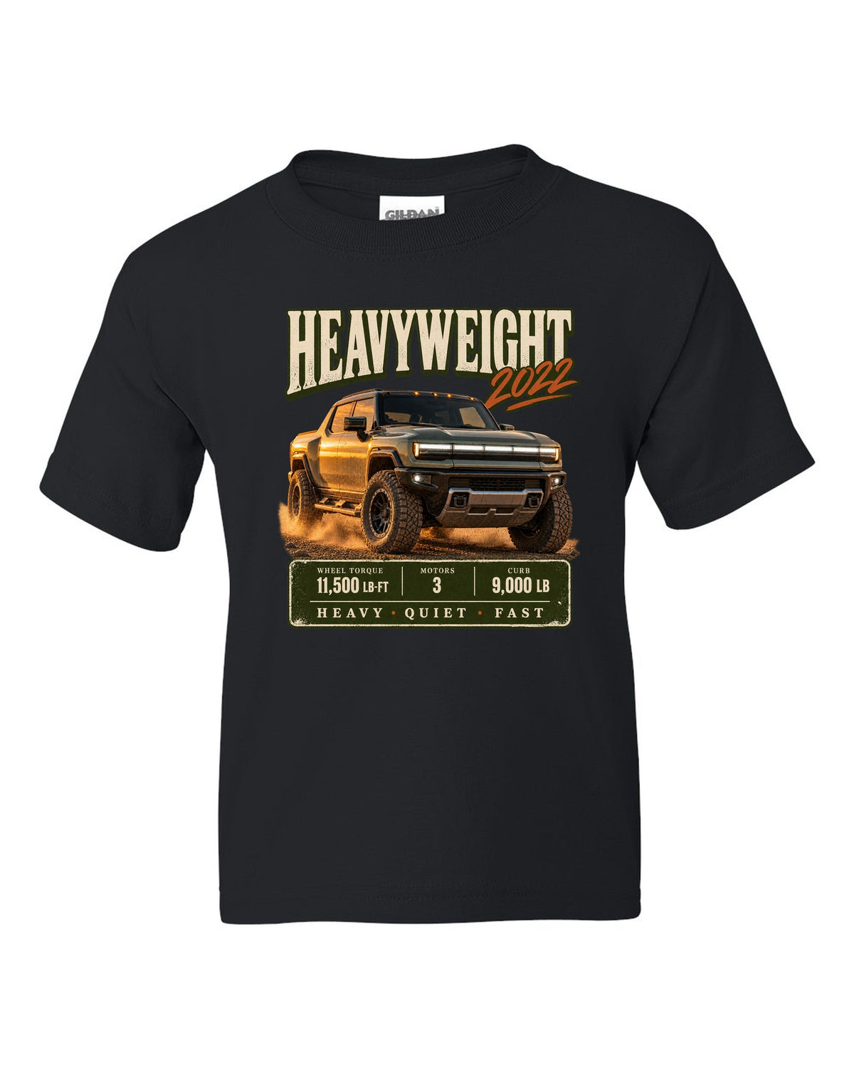 Full colour GMC Hummer EV 2022 three-quarter front archive panel design black kids tee front view with the design