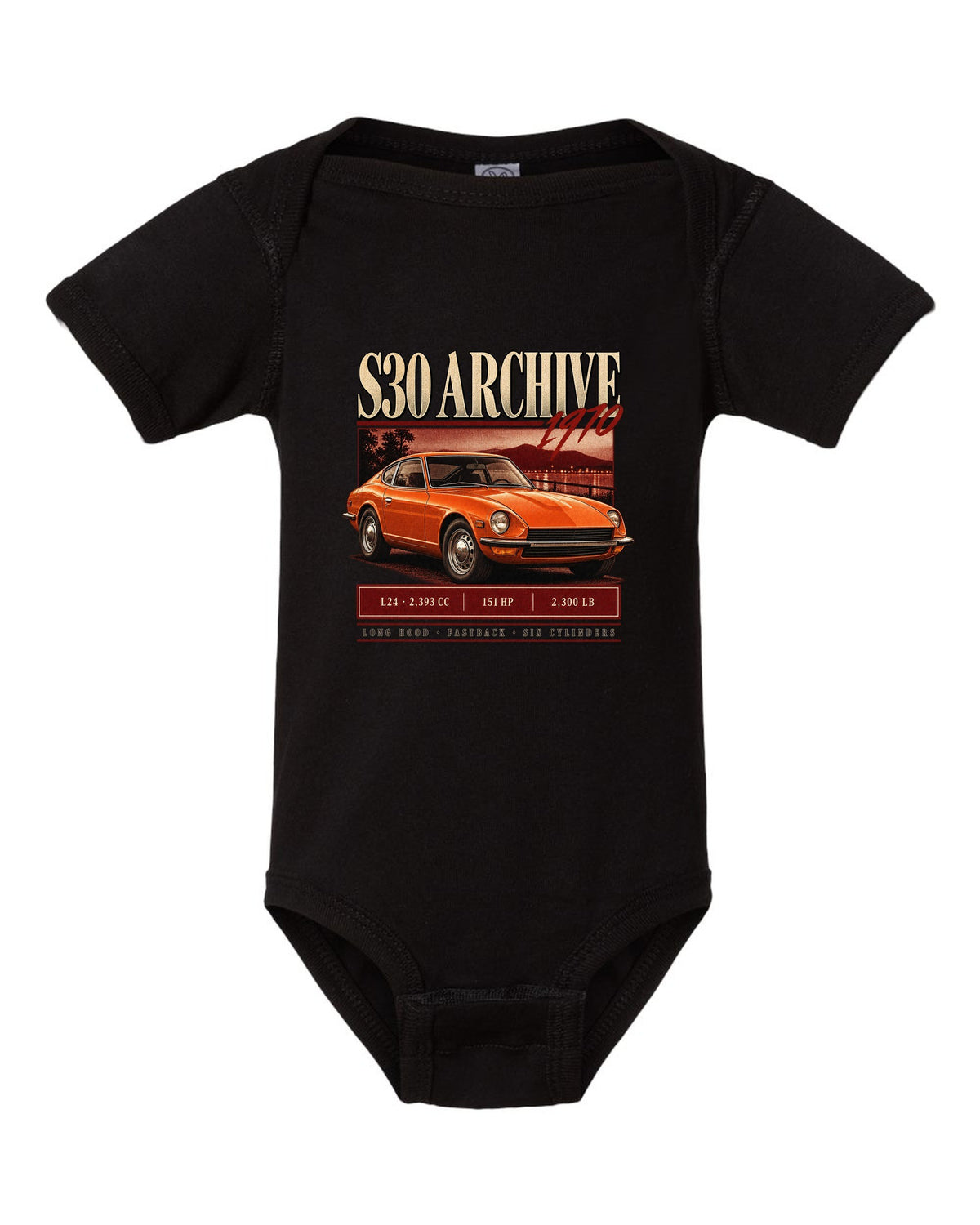 Archive panel print of a 1970 Datsun 240Z S30 with L24 engine figures black baby onesie front view with the design