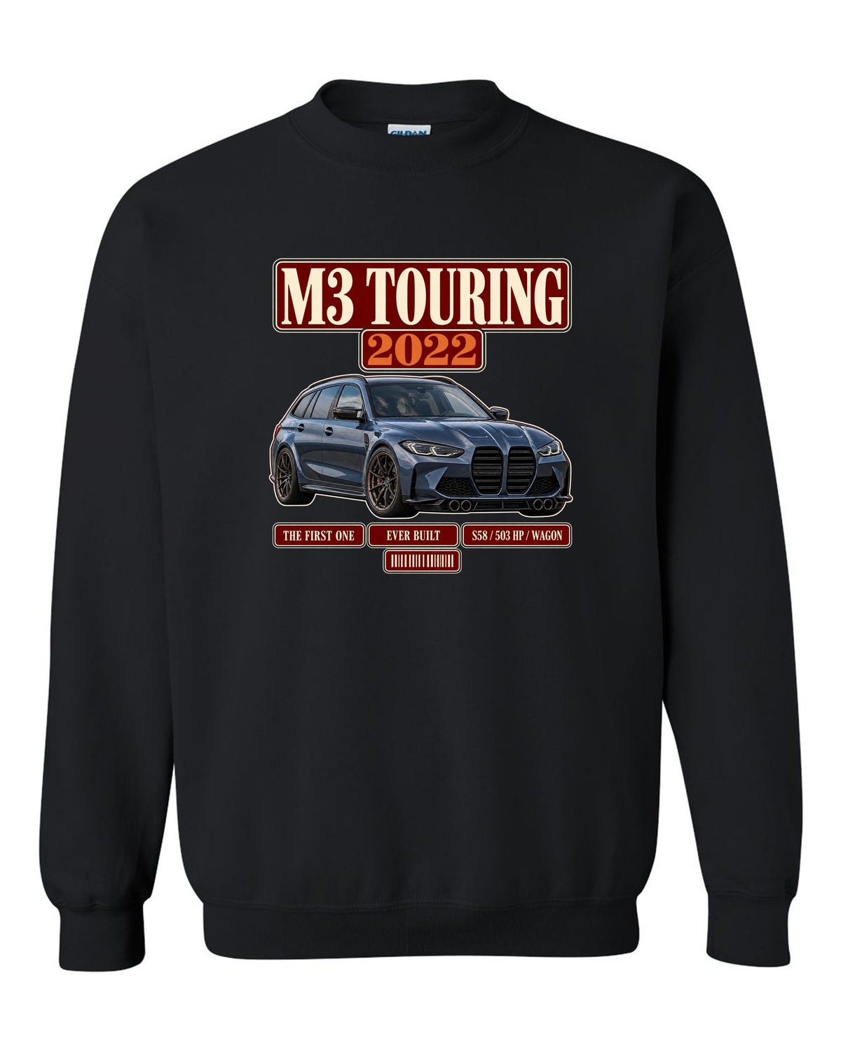 BMW M3 Touring G81 archive panel print with first ever built text black crewneck front view with the design