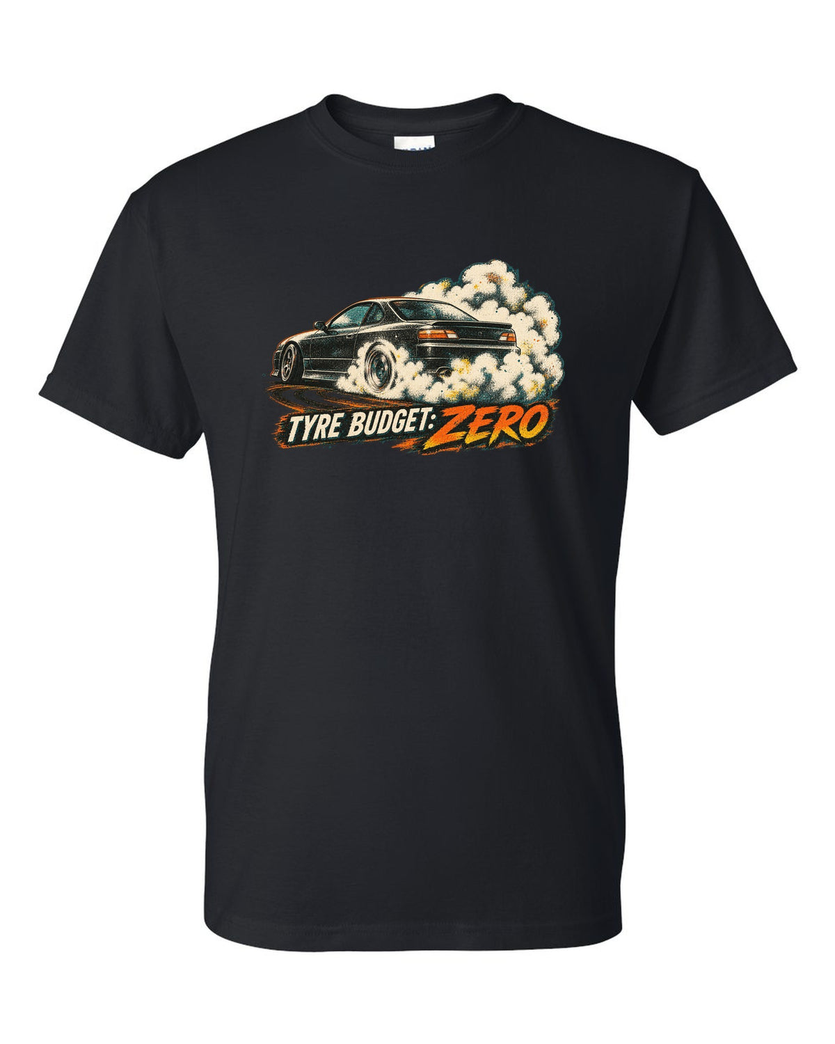 Distressed screenprint print of a 1999 Nissan Silvia S15 with Tyre Budget Zero lettering black t-shirt front view with the design