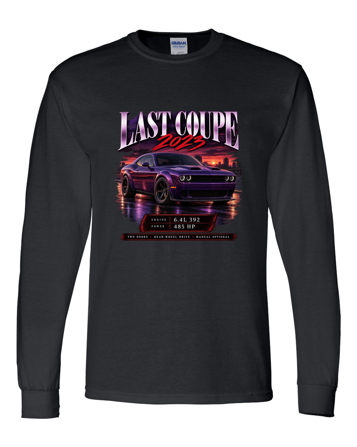 2023 Dodge Challenger Scat Pack Widebody archive panel print with last coupe lettering black long sleeve front view with the design