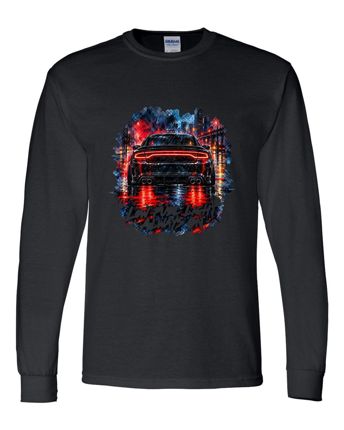 Watercolour wet-road night scene of the taillights of a 2015 Dodge Charger Scat Pack black long sleeve front view with the design