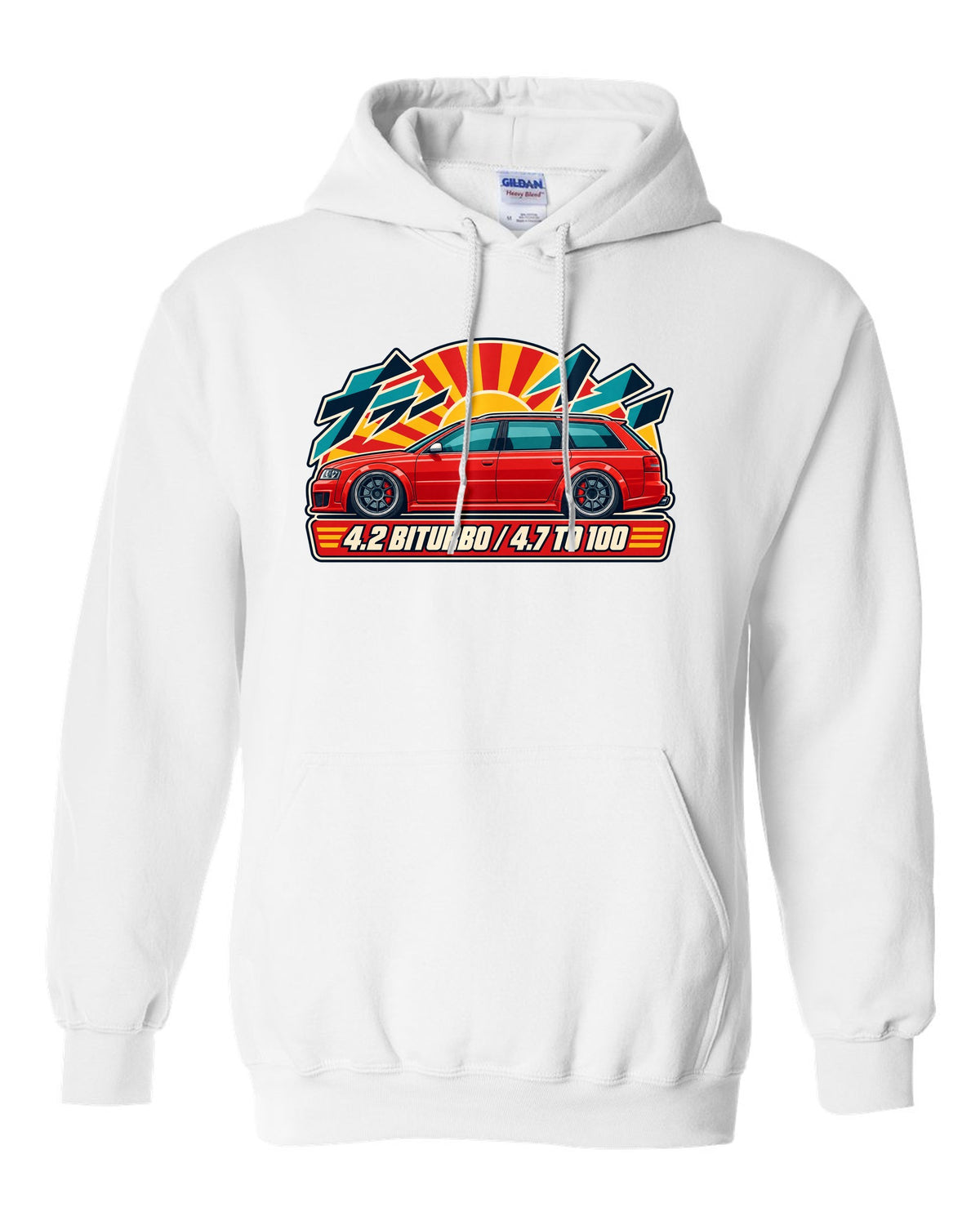 Retro Japanese catalogue ad style print of an Audi RS6 Avant C5 with 4.2 biturbo text white pull over hoodie front view with the design