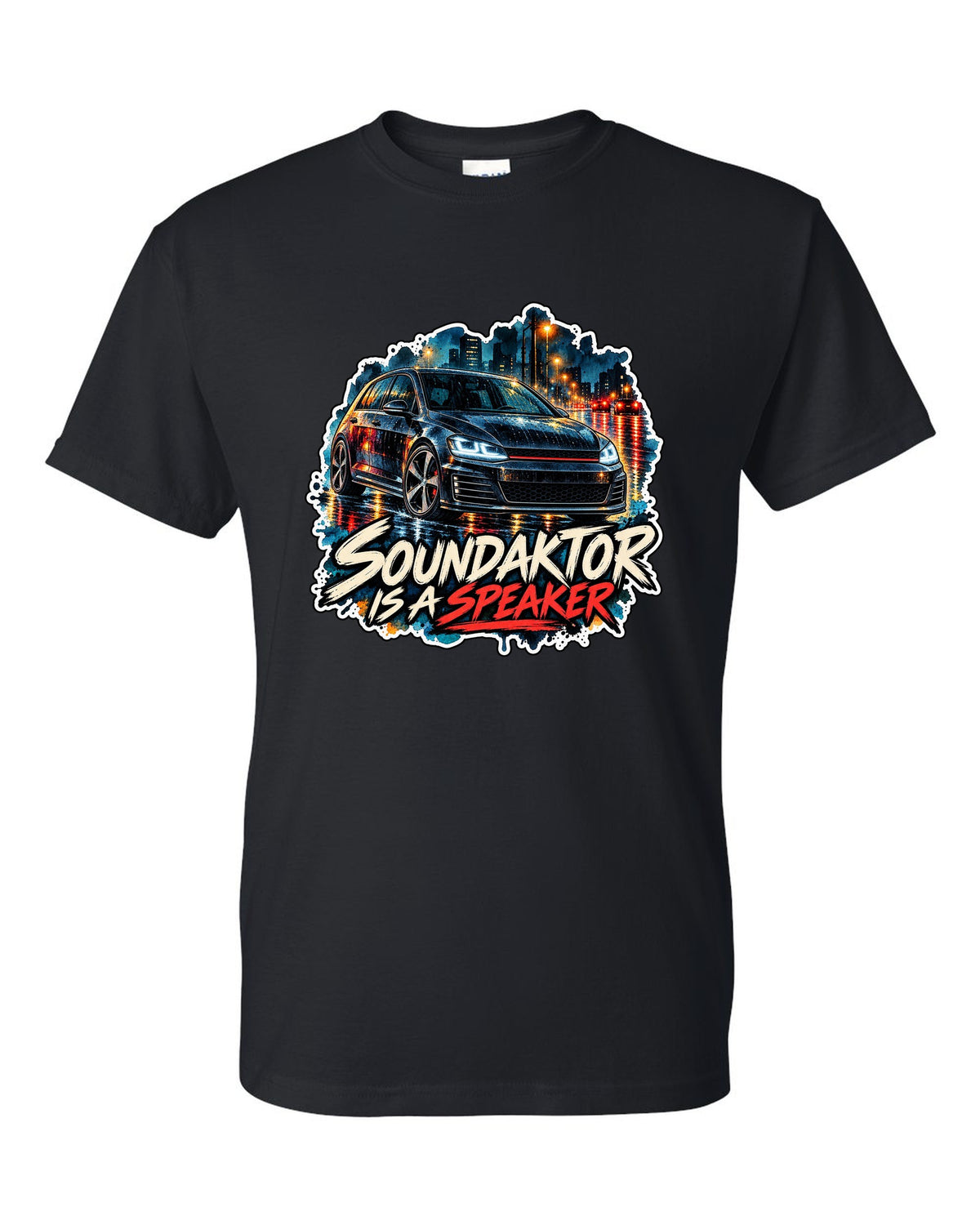 Watercolour wet-road night scene of a VW Golf Mk7 GTI with Soundaktor is a speaker text black t-shirt front view with the design