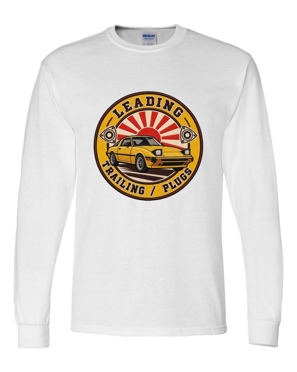 Embroidery-style roundel crest of a Mazda RX-7 SA22C with rotary plug text white long sleeve front view with the design