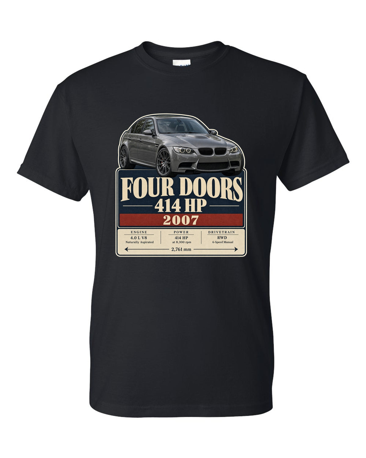 BMW M3 E90 saloon archive panel print black t-shirt front view with the design