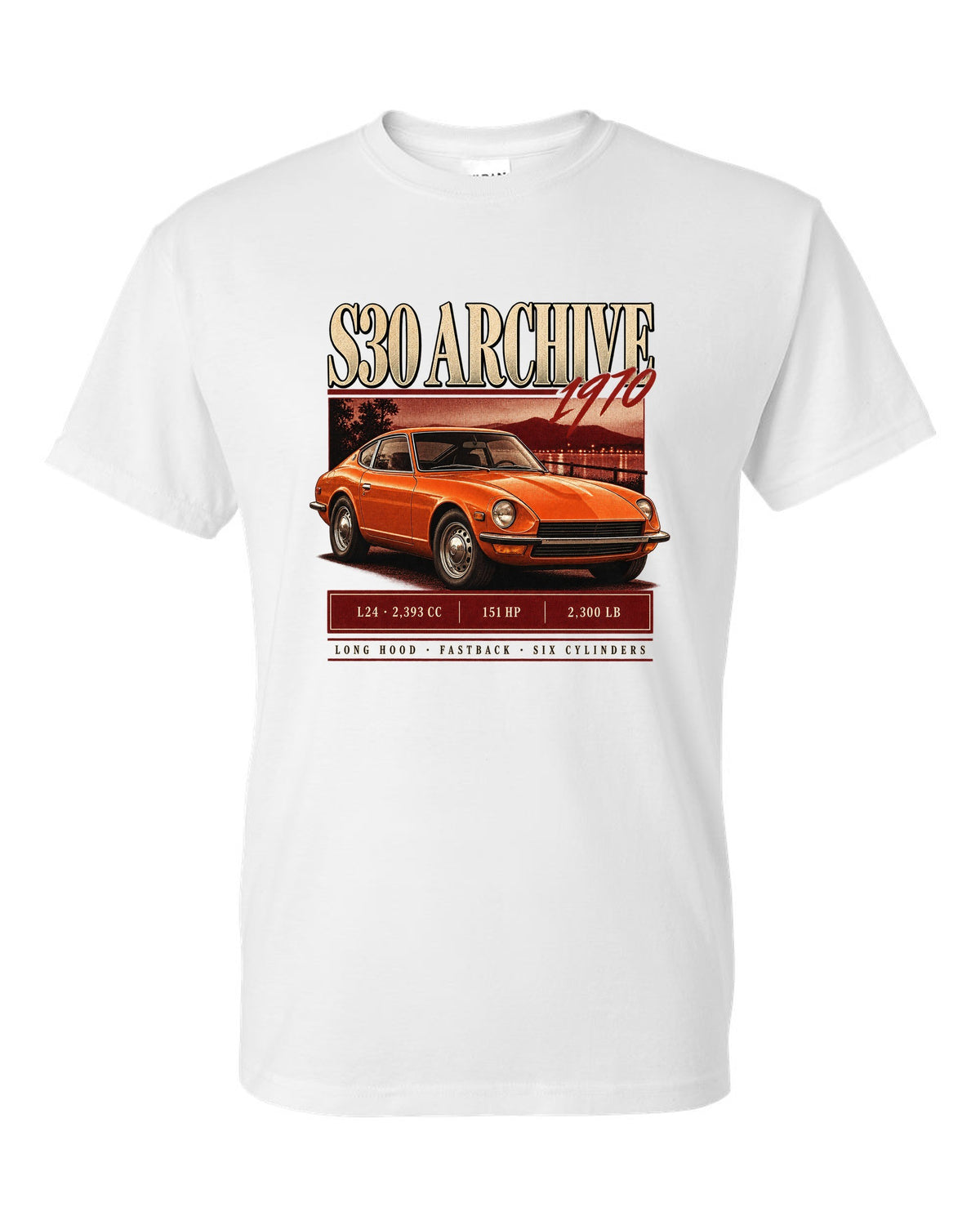 Archive panel print of a 1970 Datsun 240Z S30 with L24 engine figures white t-shirt front view with the design