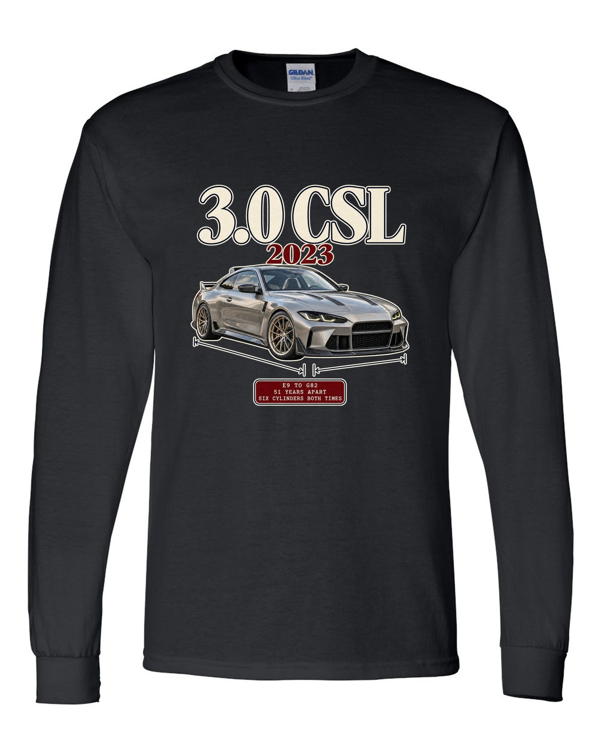 BMW 3.0 CSL E9 to G82 archive panel print black long sleeve front view with the design