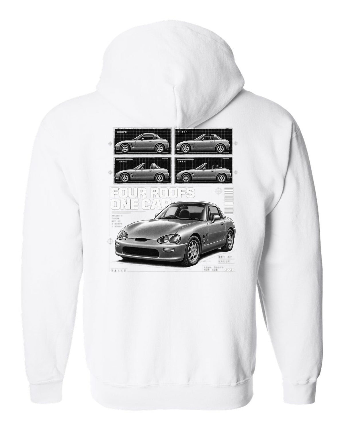Dossier panel print of a Suzuki Cappuccino EA11R kei roadster white zip hoodie back view with the design